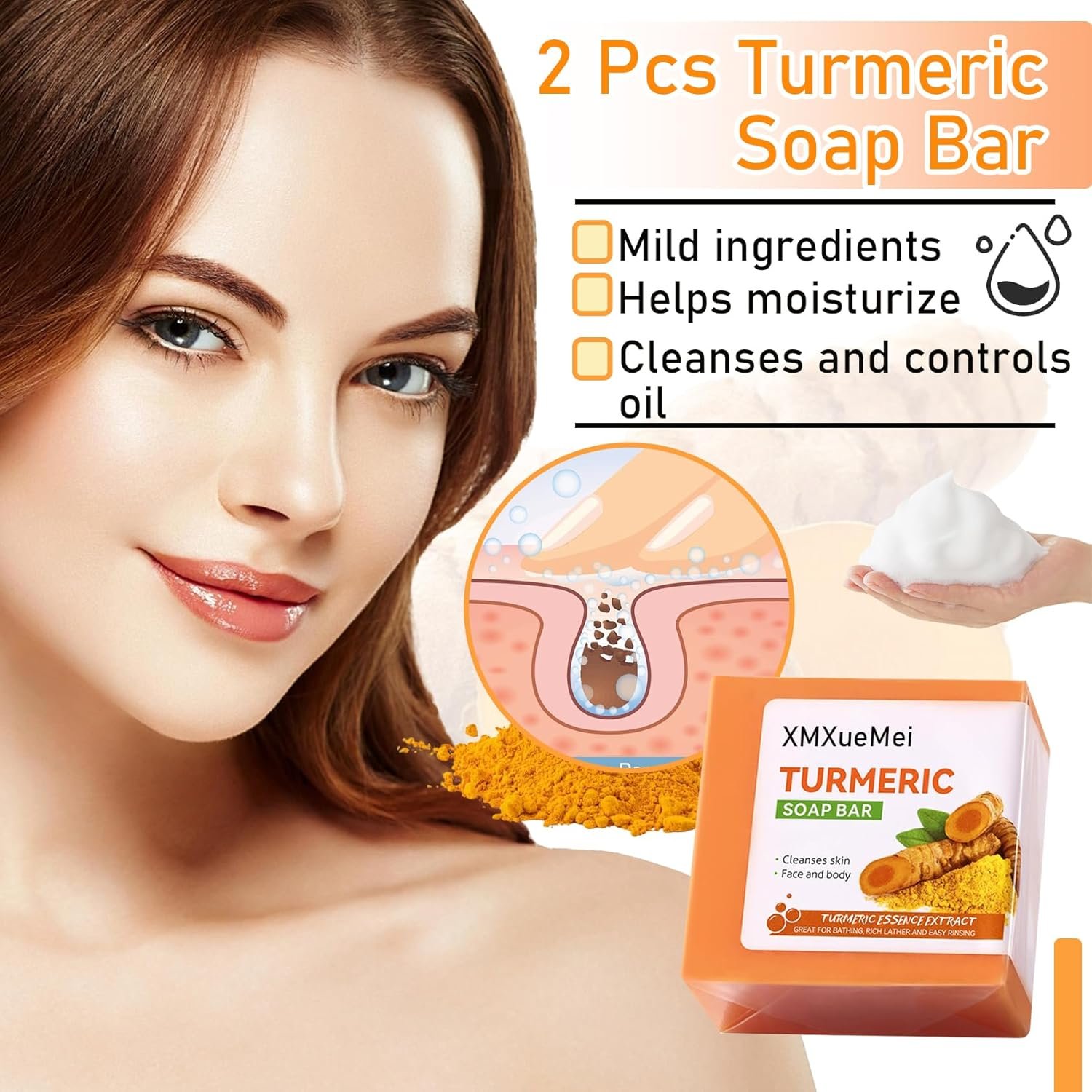 2 Pcs Turmeric Soap Bar,Tumeric Soap for Men and Women,Cleansing Gentle Soap,Handmade Soap for Face & Body - Image 3