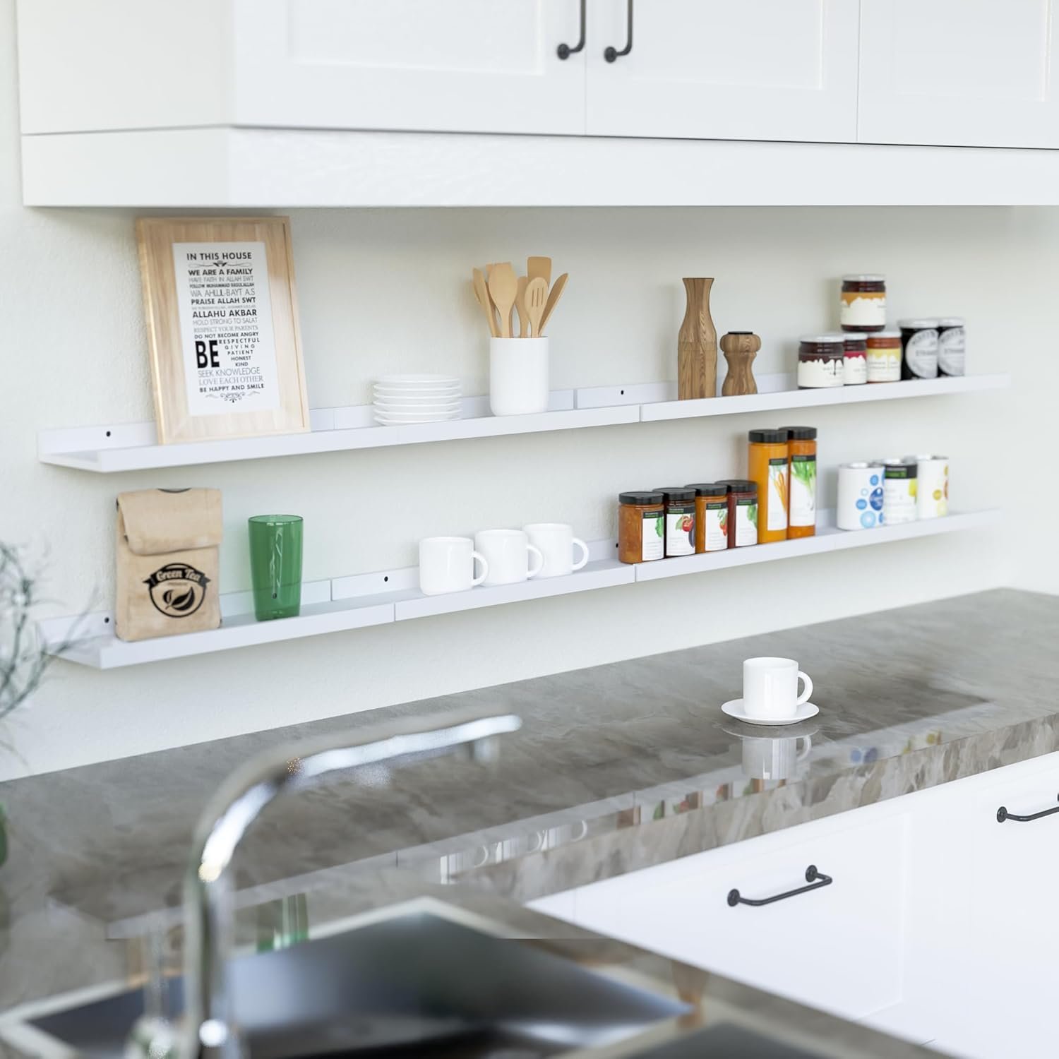 RICHER HOUSE 8 Set Floating Wall Mounted Shelves, Nursery Hanging Book Shelves with Lip for Storage, White Display Picture Ledge Shelf for Bedroom Bathroom Kitchen Living Room Wall Decor, Modern White - Image 5