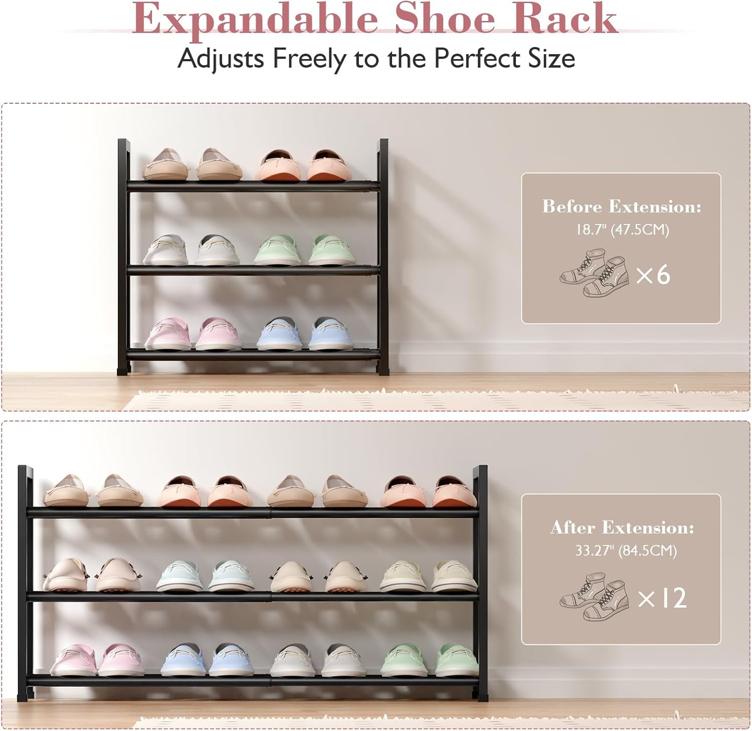 Bumusty 3-Tier Expandable Shoe Rack for Closet, 18“-33” Adjustable Shoe Rack for Small Space, Small Shoe Organizer for Front Door, Sturdy Metal, Black - Image 6
