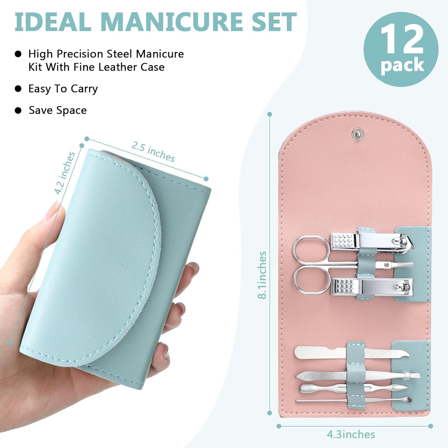 12 Set Manicure Set Bulk Mini Manicure Nail Clipper Kit 7 in 1 Stainless Steel Professional Nail Care Pedicure with Travel Portable Bag Grooming Kits for Women Men Home(Green) - Image 3