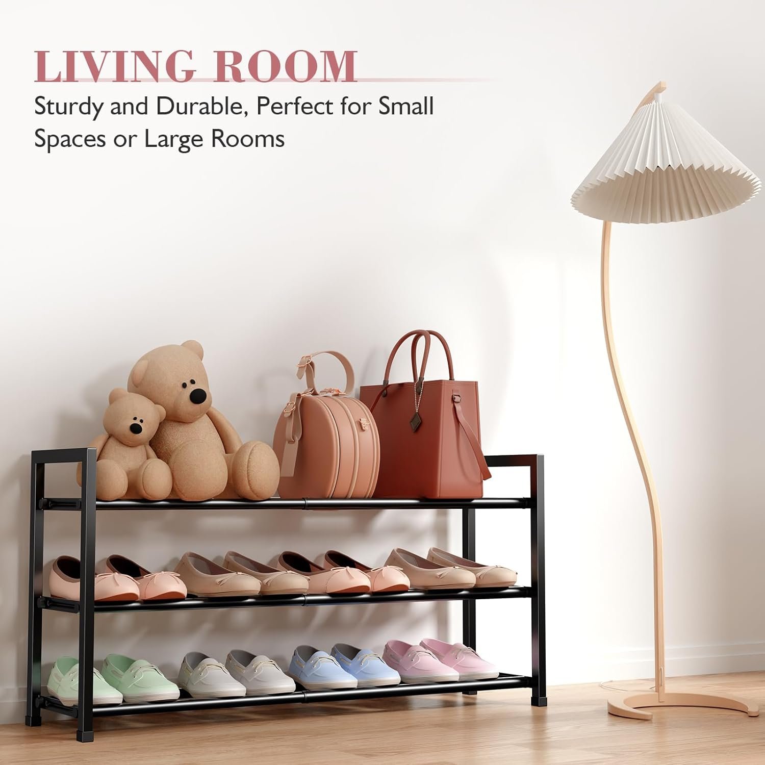 Bumusty 3-Tier Expandable Shoe Rack for Closet, 18“-33” Adjustable Shoe Rack for Small Space, Small Shoe Organizer for Front Door, Sturdy Metal, Black - Image 5