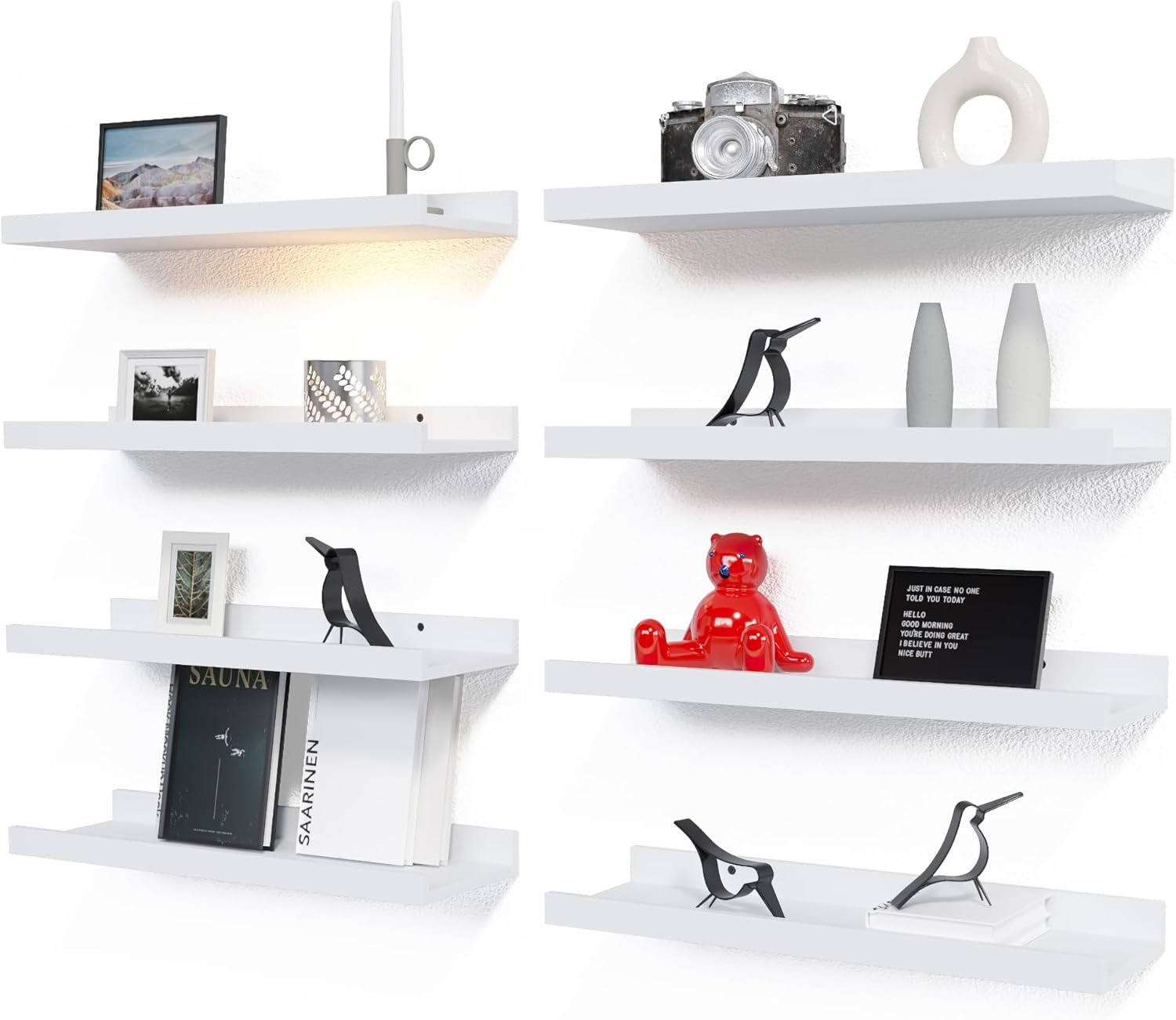 RICHER HOUSE 8 Set Floating Wall Mounted Shelves, Nursery Hanging Book Shelves with Lip for Storage, White Display Picture Ledge Shelf for Bedroom Bathroom Kitchen Living Room Wall Decor, Modern White - Image 2