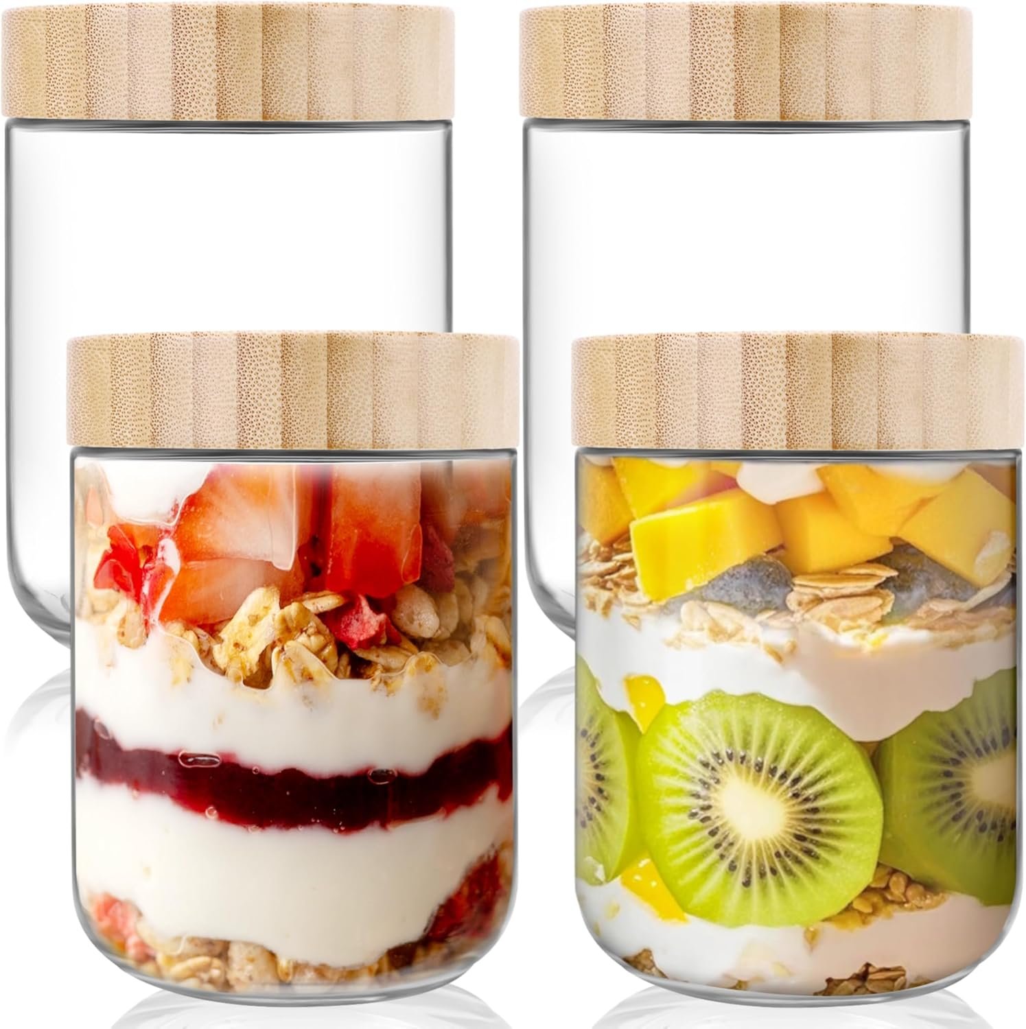 16oz Overnight Oats Containers with Lids, 4Pack Glass Jars with Airtight Lids for Meal Prep Wide Mouth Mason Salad Jars, Glass Food Storage Containers with Bamboo Lid for Yogurt Chia (16 oz) - Image 2