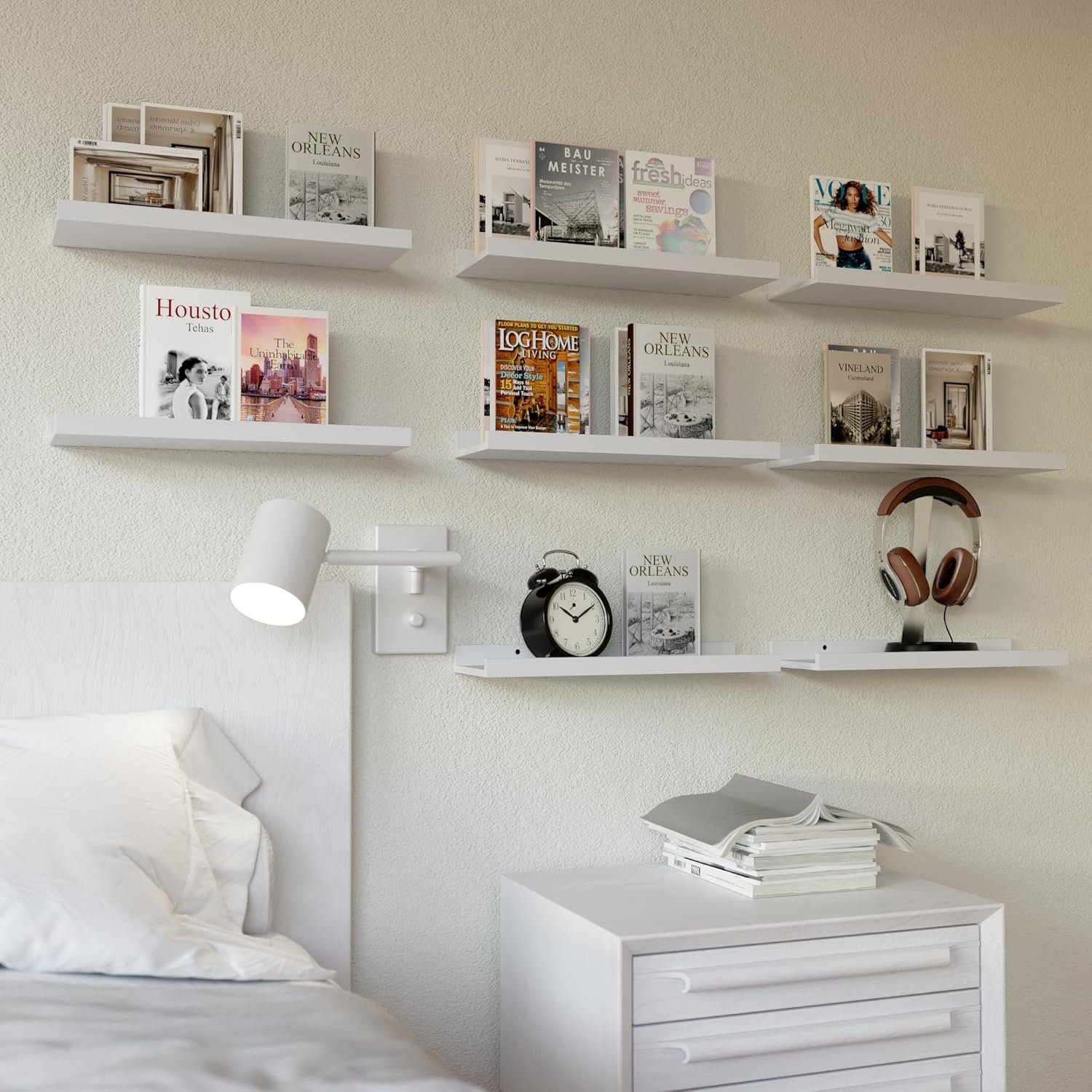 RICHER HOUSE 8 Set Floating Wall Mounted Shelves, Nursery Hanging Book Shelves with Lip for Storage, White Display Picture Ledge Shelf for Bedroom Bathroom Kitchen Living Room Wall Decor, Modern White - Image 3