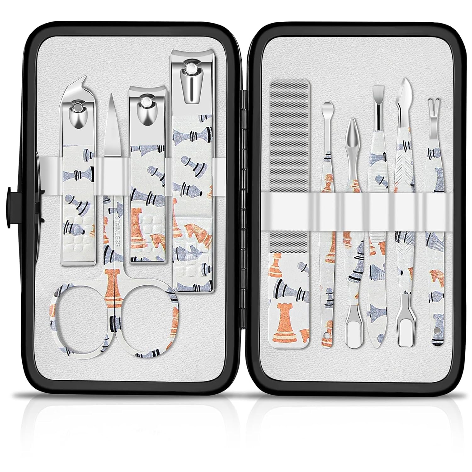 Manicure Set Nail Clippers Kit Professional Manicure Pedicure Care Tools 10pcs Stainless Steel Men Women Personal Care Grooming kit for Home Travel or Gift (Chess) - Image 2