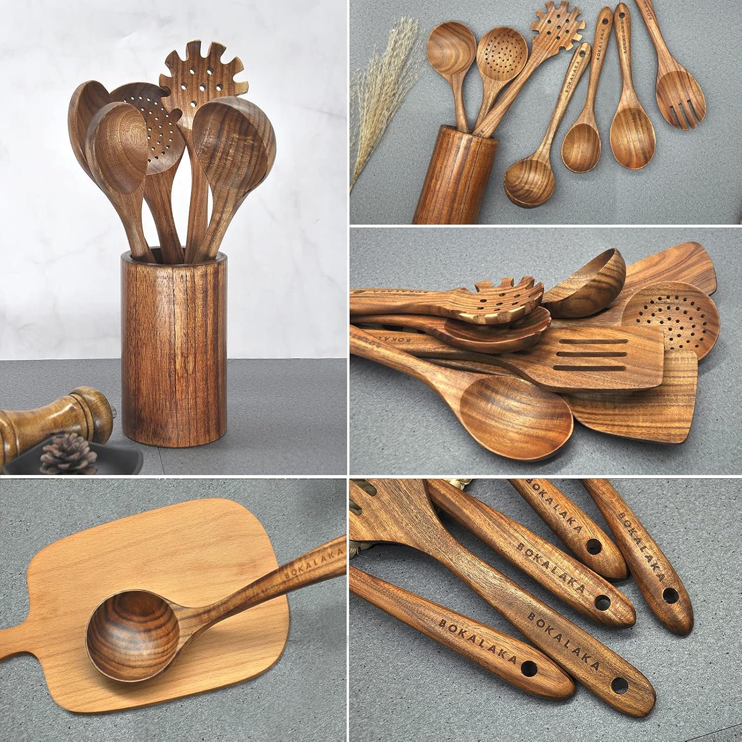 Wooden Spoons for Cooking,10 Pcs Natural Teak Wooden Kitchen Utensils Set Wooden Utensils for Cooking Wooden Cooking Utensils Wooden Spatulas for Cooking - Image 4