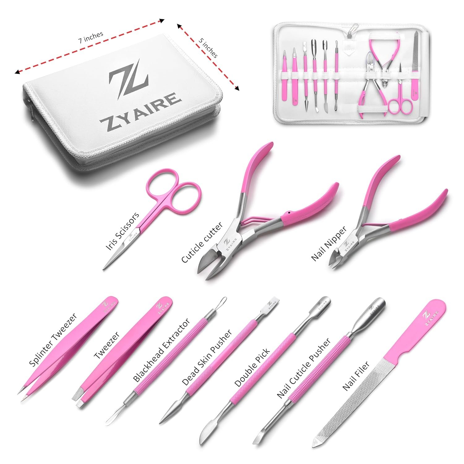 Manicure Pedicure Set - 10-in-1 Stainless Steel Grooming Kit, Personal Care Tools, Nail Nipper, Cuticle Cutter, Scissors, Tweezers, Blackhead Remover, Nail File & Case (Pink) - Image 4