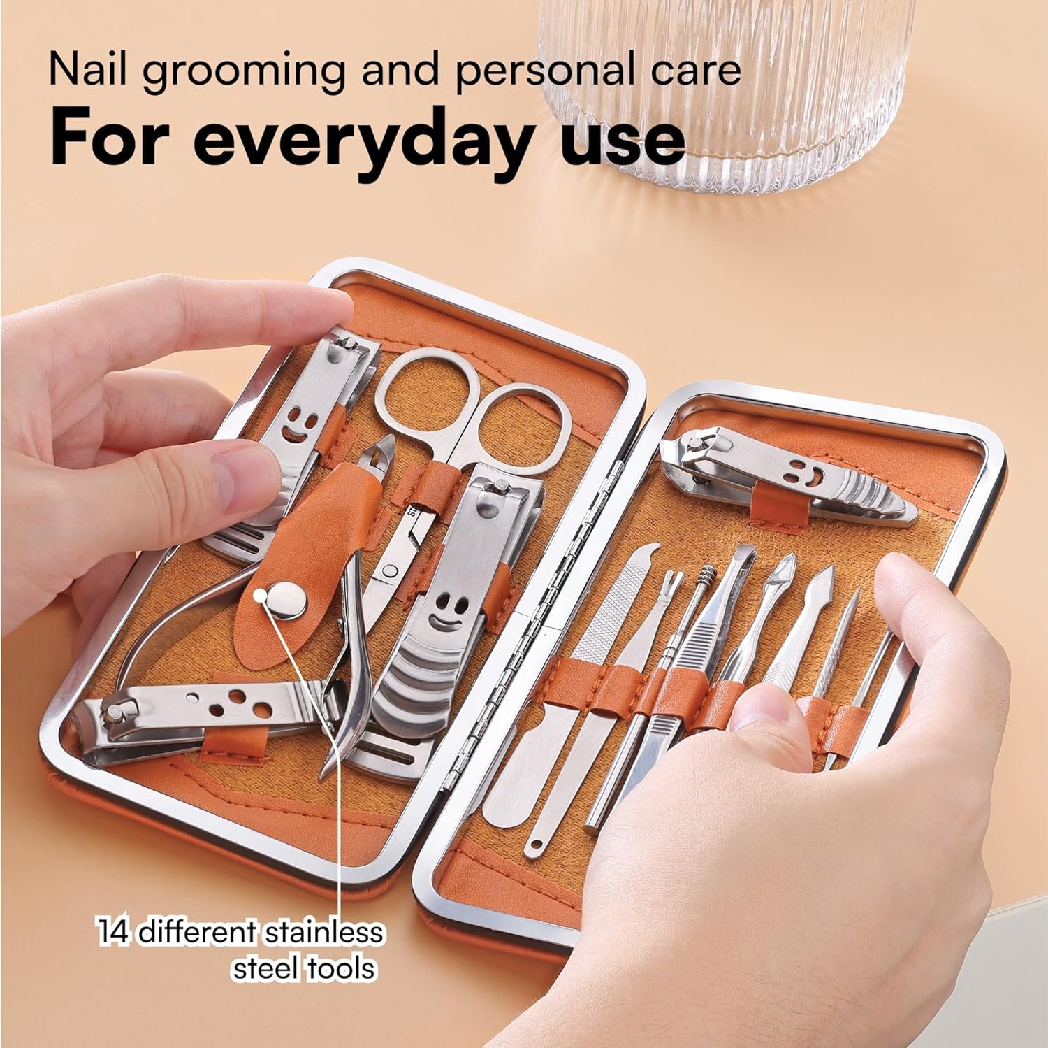 H&S Manicure Set - Pedicure & Manicure Kit for Women & Men - 14 pcs - Stainless Steel Nail Clippers & Cuticle Remover - Cutter Trimming Grooming Tools with Leather Case - Mens Manicure Set with Case - Image 3