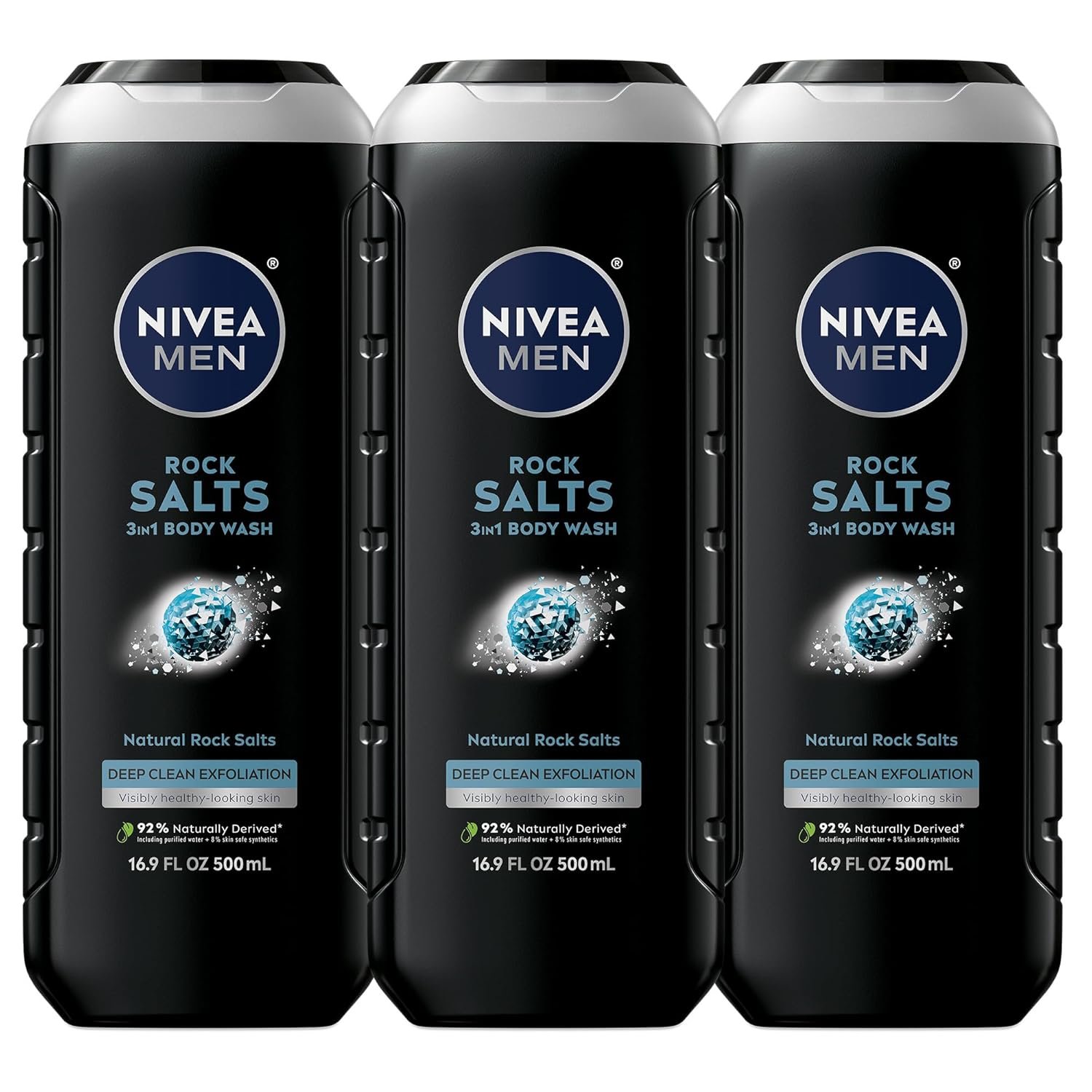 NIVEA Men Deep Clean Rock Salts Body Wash with Scrub Particles and Natural Rock Salt, Exfoliating Body Wash for Men, Cleanses Without Drying Skin, 16.9 Fl Oz Bottle, Pack of 3 - Image 2