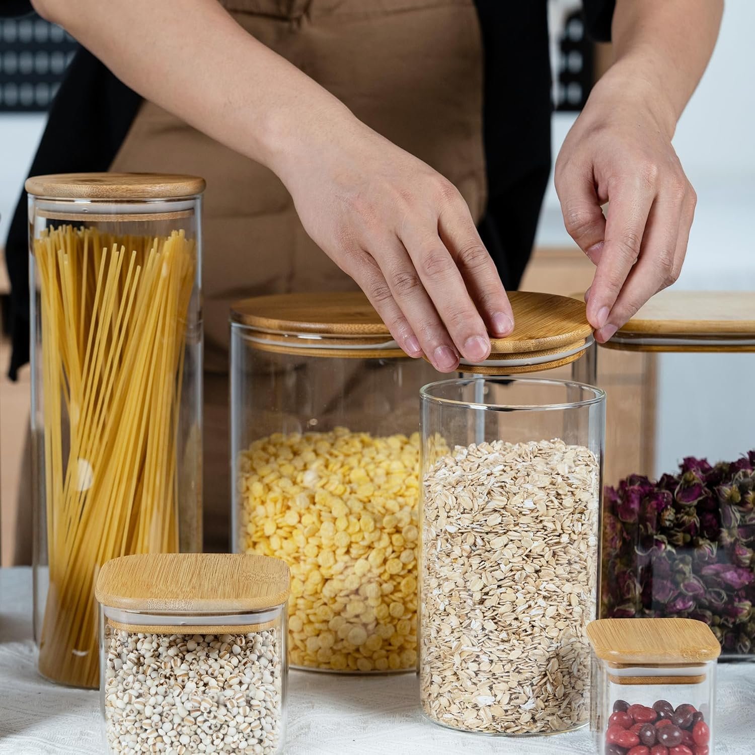 108oz 42oz Straight cylindrical Airtight Storage Jars with Bamboo Lid Set of 2 Large Storage Container Gallon Glass Jars, for Flour, Pasta and Coffee bean (with Black Lable) - Image 8