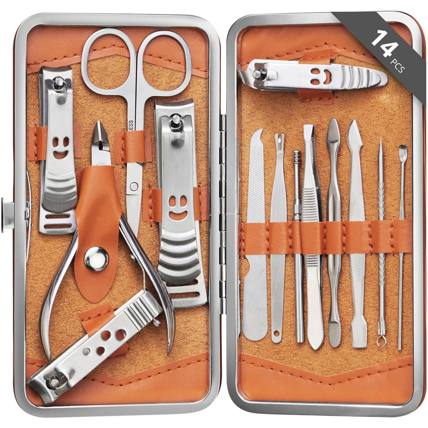 H&S Manicure Set - Pedicure & Manicure Kit for Women & Men - 14 pcs - Stainless Steel Nail Clippers & Cuticle Remover - Cutter Trimming Grooming Tools with Leather Case - Mens Manicure Set with Case - Image 2
