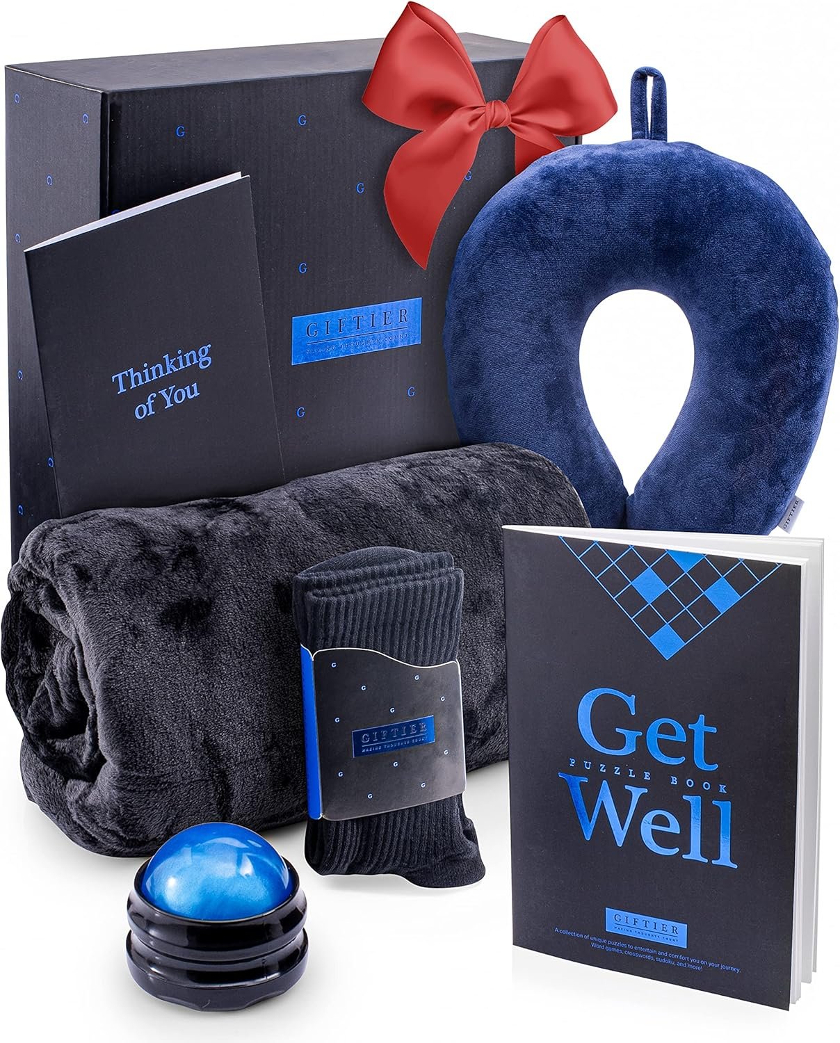 Get Well Soon Gift Basket – Care Package for Men w/Memory Foam Pillow, Massage Roller, Plush Blanket, Socks, Puzzle Book, Greeting Card – Curated Get Well Gift Basket for Men After Surgery - Image 2