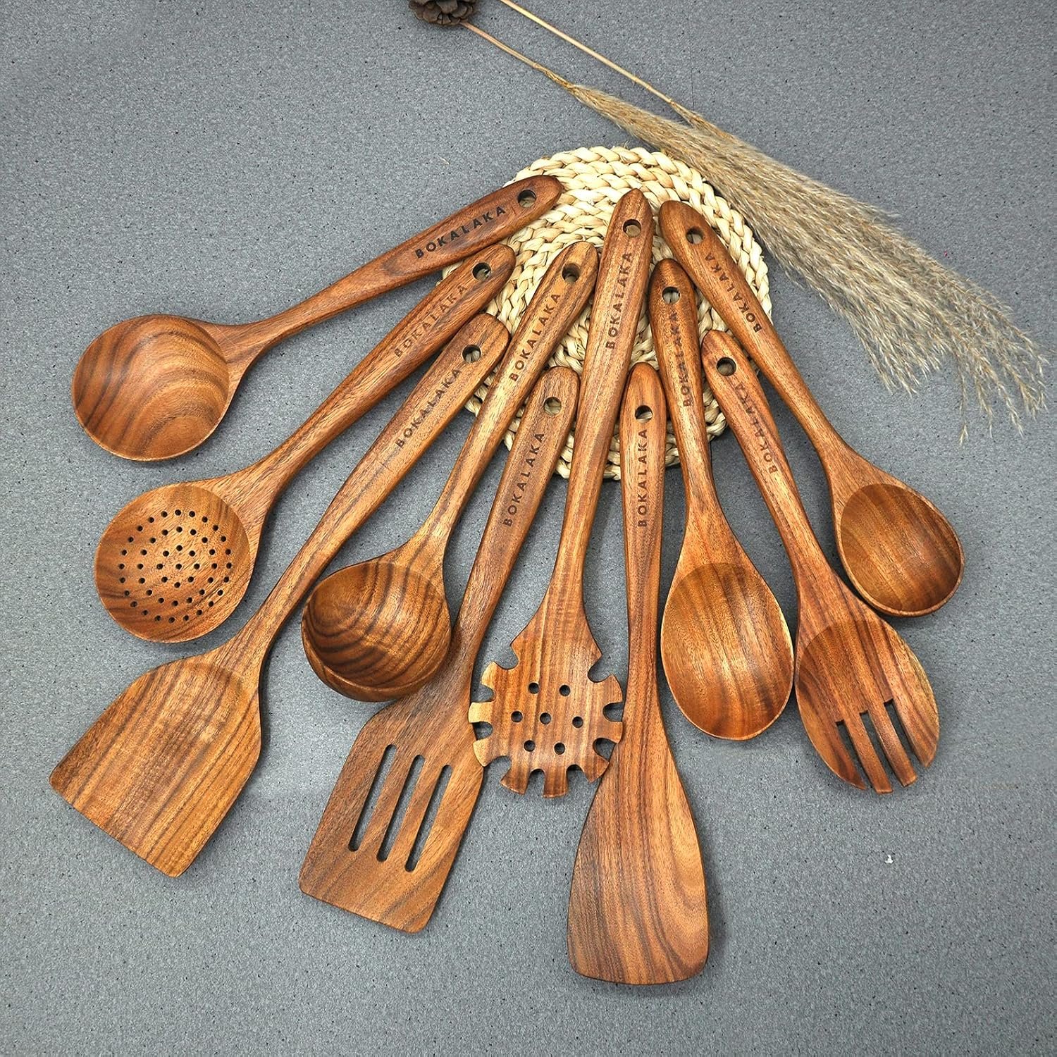 Wooden Spoons for Cooking,10 Pcs Natural Teak Wooden Kitchen Utensils Set Wooden Utensils for Cooking Wooden Cooking Utensils Wooden Spatulas for Cooking - Image 5