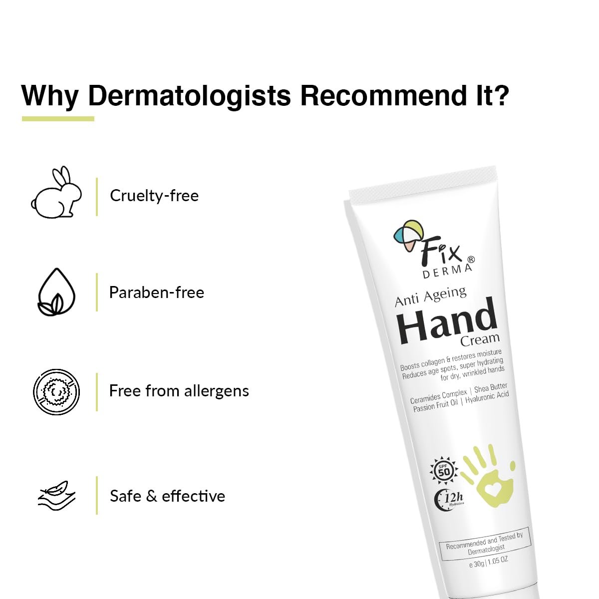 FIXDERMA Anti Ageing Hand Cream for Women & Men | Ceramide Moisturizer | Hyaluronic Acid Cream | Hand Cream for Dry and Rough Hands | Shea Butter | Cream for Itchy Hand | All Skins Types - 30g - Image 7