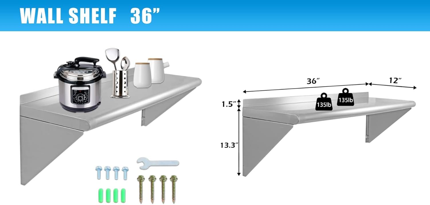 12''x36'' - 2PACKS Wall Mounted Stainless Steel Shelf NSF Commercial Metal Wall Mount Floating Shelving for Kitchen, Restaurant, Food Truck,Garage,Washrooms,Home&Hotel - Image 4
