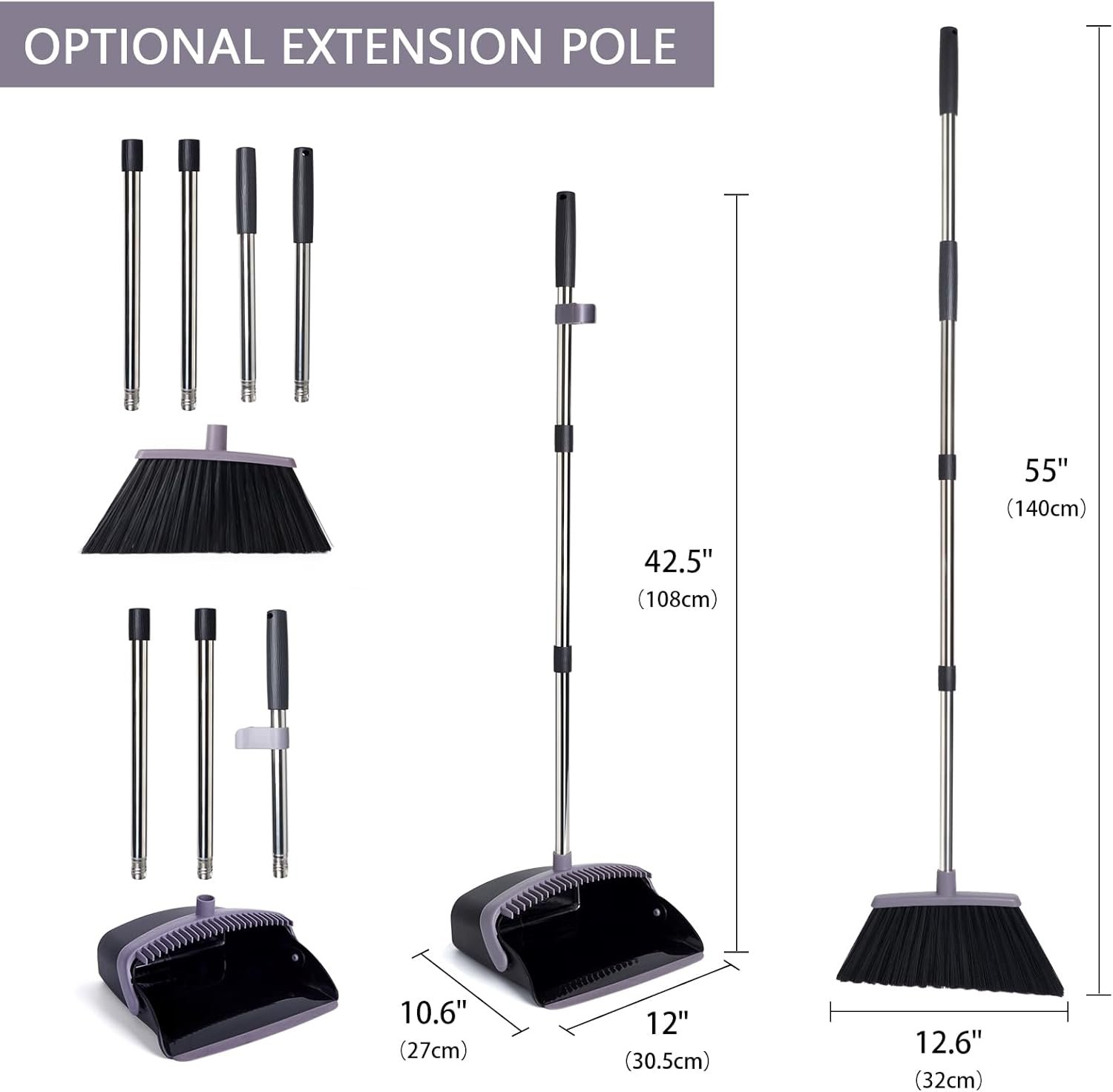 Broom and Dustpan Set, Dustpans with Broom Combo for Home, Heavy Dust Broom and Dustpan Combo, Long Handle Dust Pan and Broom Set for Kitchen, Office, Pet Hair, Charcoal Color, Pack of 1 - Image 6