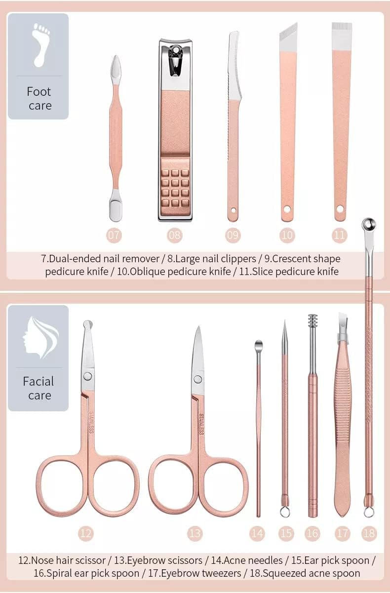 Manicure Set Professional Nail Clippers Pedicure Kit, 18 pcs Stainless Steel Nail Care Tools Grooming Kit with Luxurious Travel Leather Case for Thick Nails Men Women Gift (Rose Gold) - Image 3