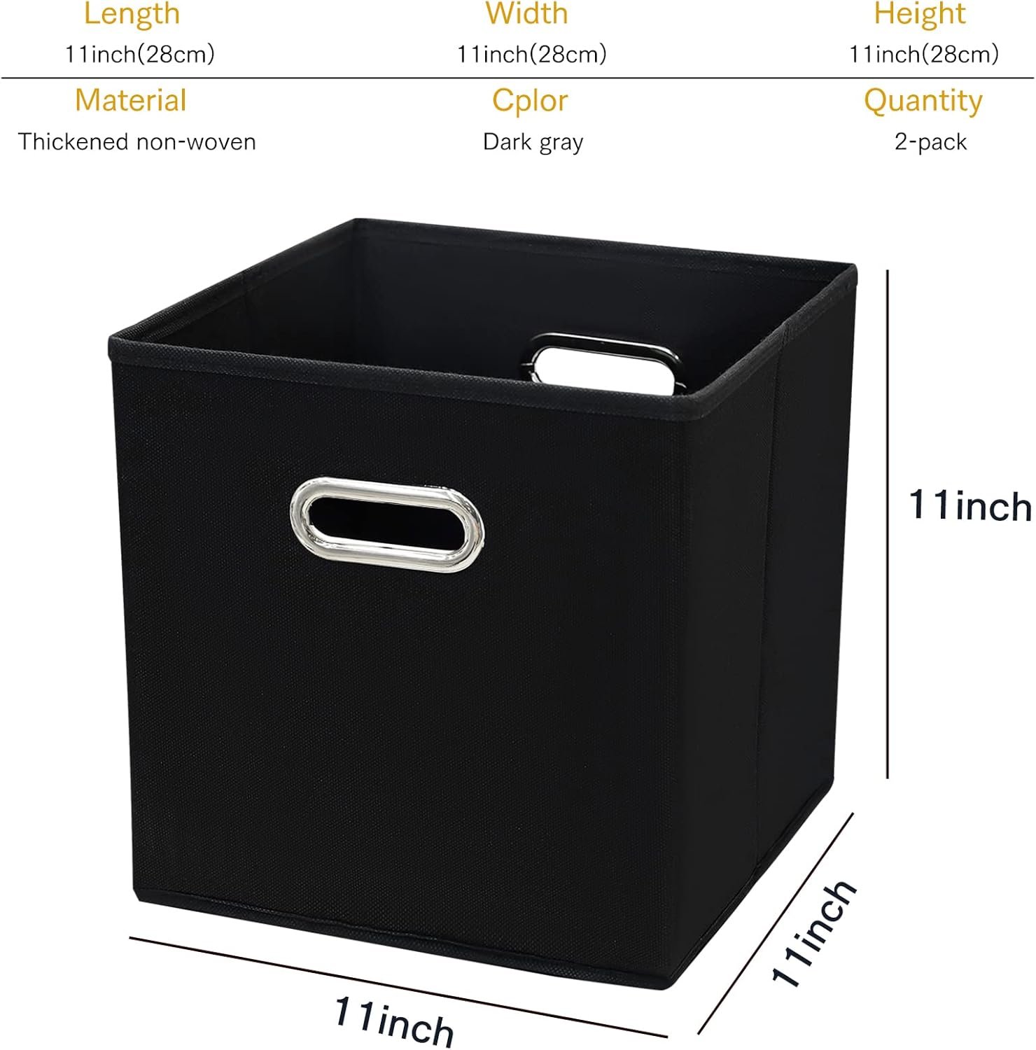 11 Inch Foldable Storage Bins ,Black Fabric Cubes Organizer Baskets with Handle for Closet or Collapsible Box, 11x11x11 Set of 2 (Black ) - Image 3