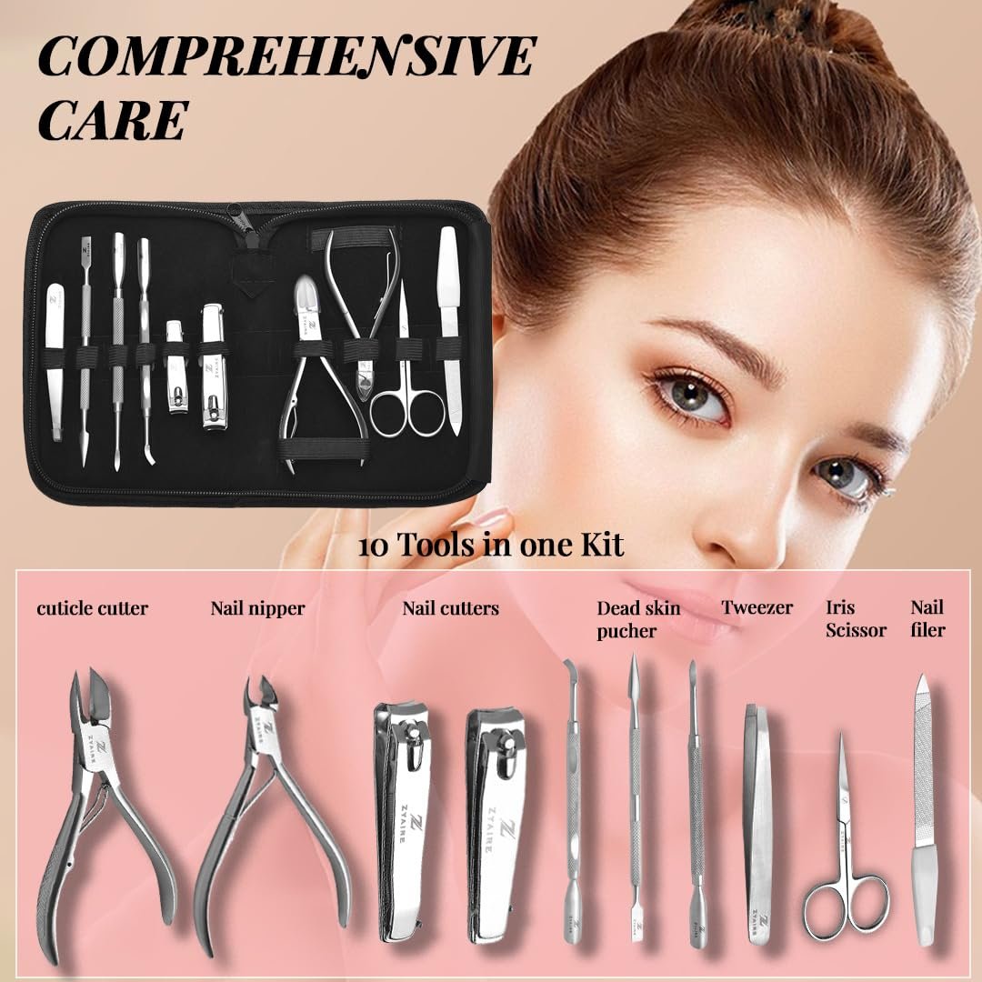 Manicure Pedicure Set - 10-in-1 Stainless Steel Grooming Kit, Personal Care Tools, Nail Nipper, Cuticle Cutter, Scissors, Tweezers, Blackhead Remover, Nail File & Case (Black) - Image 6