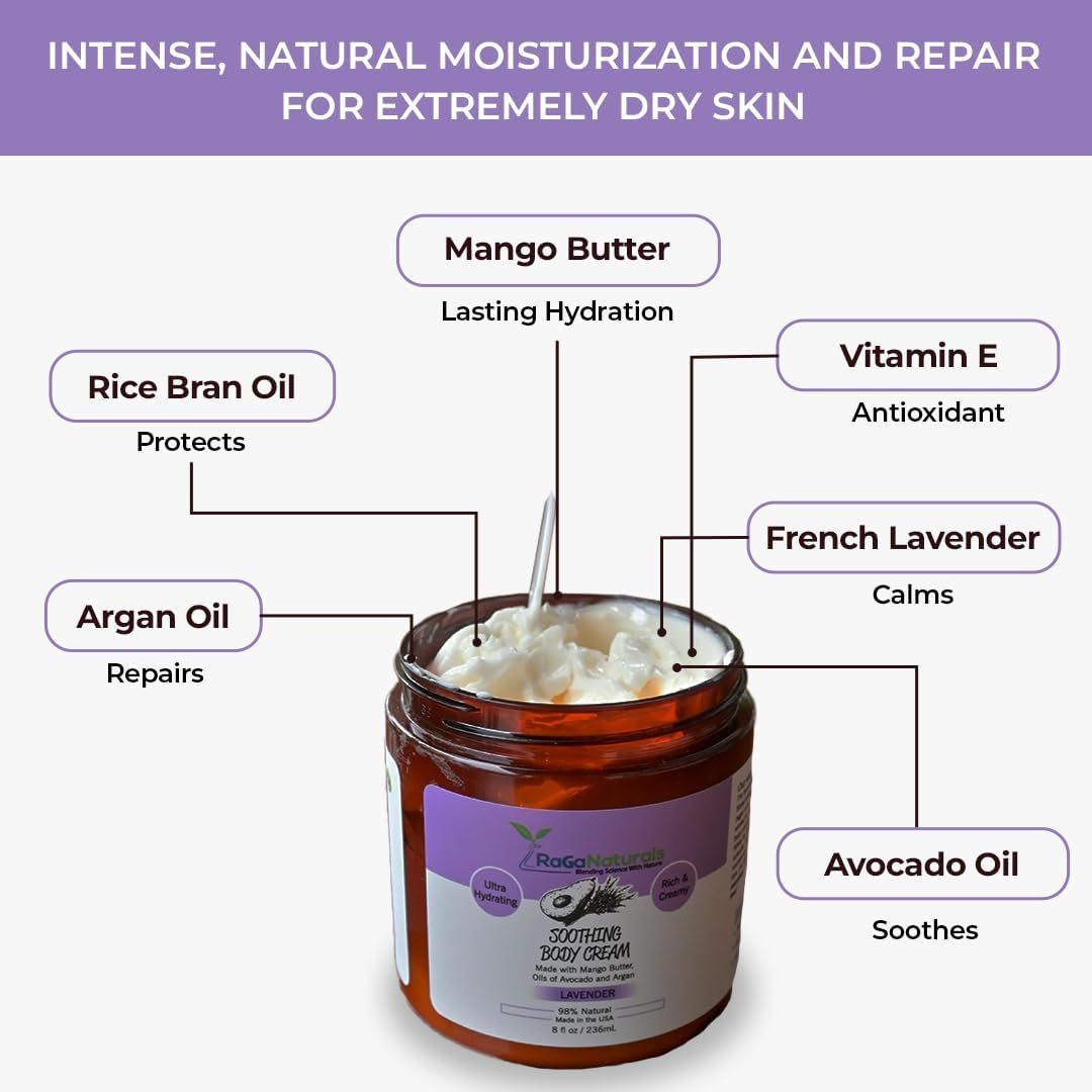 RaGaNaturals Natural Face and Body Butter Cream for Dry Skin - Calming, Nourishing & Hydrating Lavender Body Cream for Women, Men & Kids - Softens Skin and Delivers Healthy-Looking Glow - Vegan - 8 Oz - Image 5
