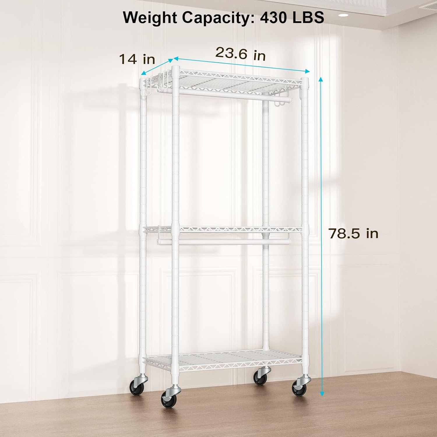 P3 Mini Rolling Clothes Rack, Clothing Racks for Hanging Clothes, Heavy Duty Garment Rack, Freestanding Portable Closet Rack 23.6'' W x 14'' D x 78.5'' H, Max Load 430 Lbs, White - Image 5