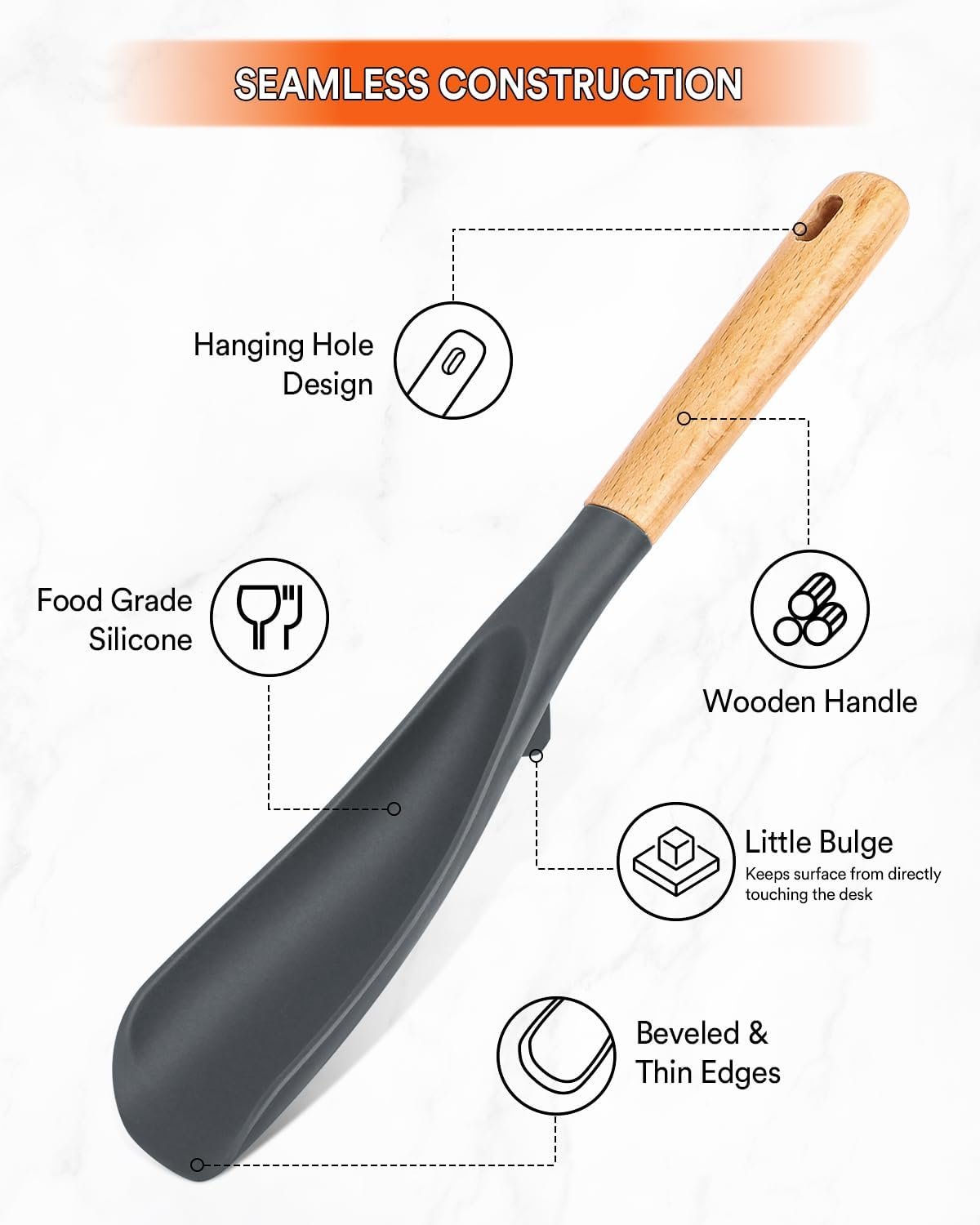 Cooking Spoon for Nonstick Cookwares, Great for Cooking and Serving Sturdy BPA-Free Matte Silicone, Wood Handle Spoon for Mixing, Scoop, and Scrape (Black & Grey, 11.4 inch) - Image 5