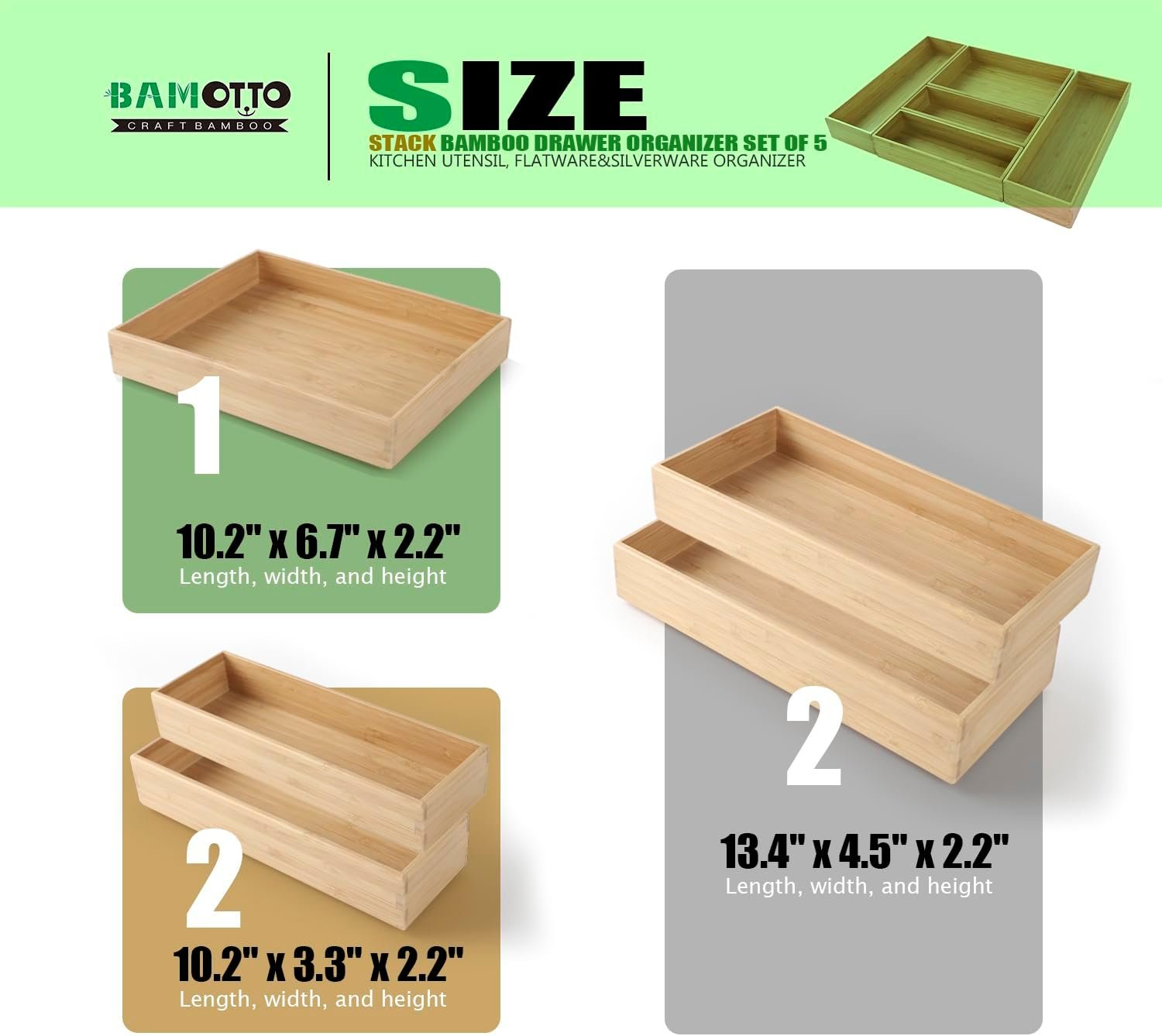 Stack Bamboo Drawer Organizer Set of 5, Kitchen Utensil, Flatware&Silverware Organizer-Wood Laminated Stackable for Kitchen, Bedroom, 13.4''x4.5''*2+10.2''x3.3''*2+10.2''x6.7''*1 - Image 3