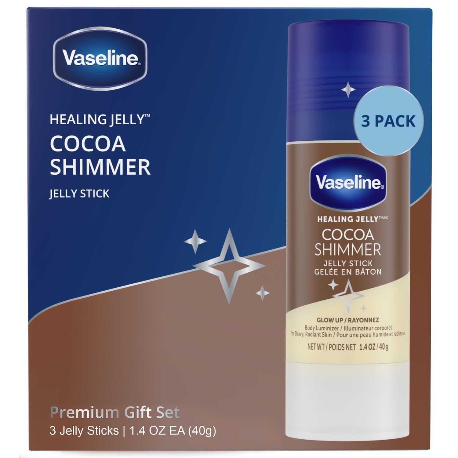 Vaseline Cocoa Shimmer Jelly Stick – Non-Greasy Moisturizer for Glowing Skin, Face & Body Lotion, Travel-Size, 1.4 Oz Ea, Pack of 3. - Image 3