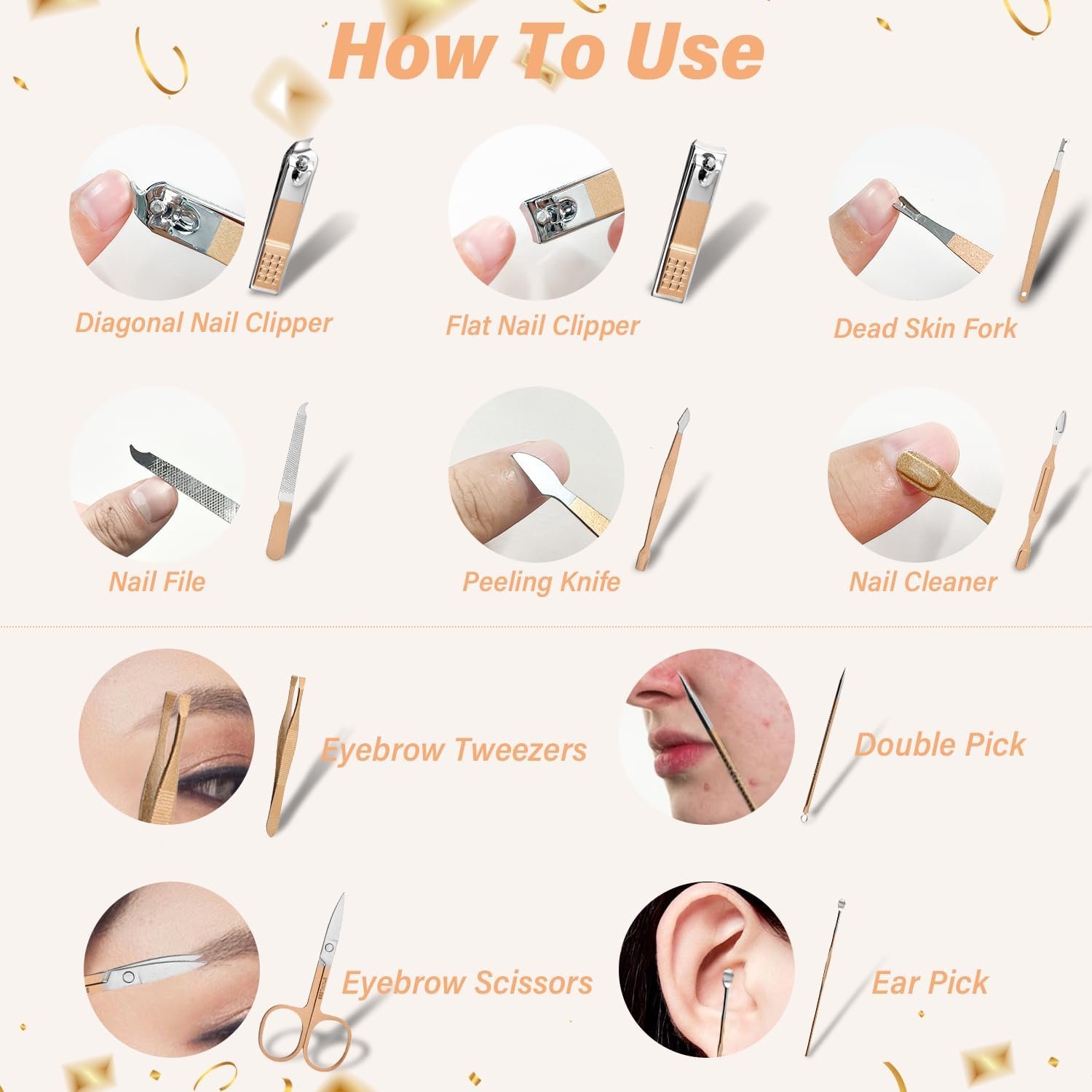 Manicure Set 10 in 1 Nail Clippers Kit Gifts for Men and Women, Fingernail Clipper Stainless Steel Nail Care Tools with Leather Travel Case (Gold) - Image 5