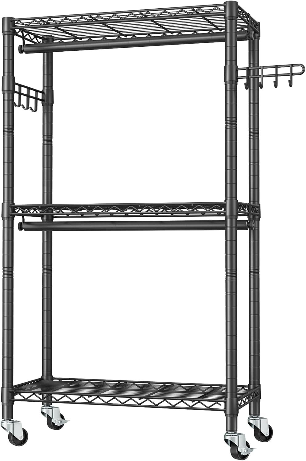 Heavy Duty Clothes Rack Rolling Garment Rack,3 Tier Adjustable Wire Shelving Clothing Racks for Hanging Clothes with Double Rods&Side Hooks,Freestanding Wardrobe Storage Rack Metal Portable Closet - Image 10