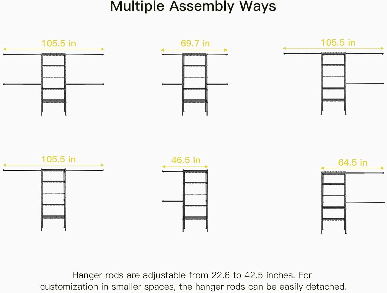 Ulif M2 Closet Organizer System, 5.9 Feet Height Mounted to the Wall Garment Rack with 4 Expandable Hanger Rods, 5 Shelves in 23.6" L x 14.5" W, Suit Total Space from 5.8-8.8 ft, Black - Image 6