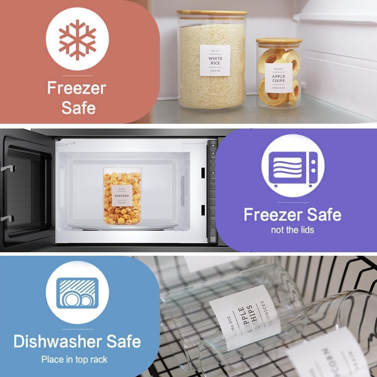 6-Pack Borosilicate Glass Storage Jars with Bamboo Lids + 132 Pre-Printed Pantry Labels Included, BPA-Free Thicken Airtight Containers for Flour, Sugar, Rice, Microwave & Freezer Safe(100OZ/54OZ/27OZ) - Image 3