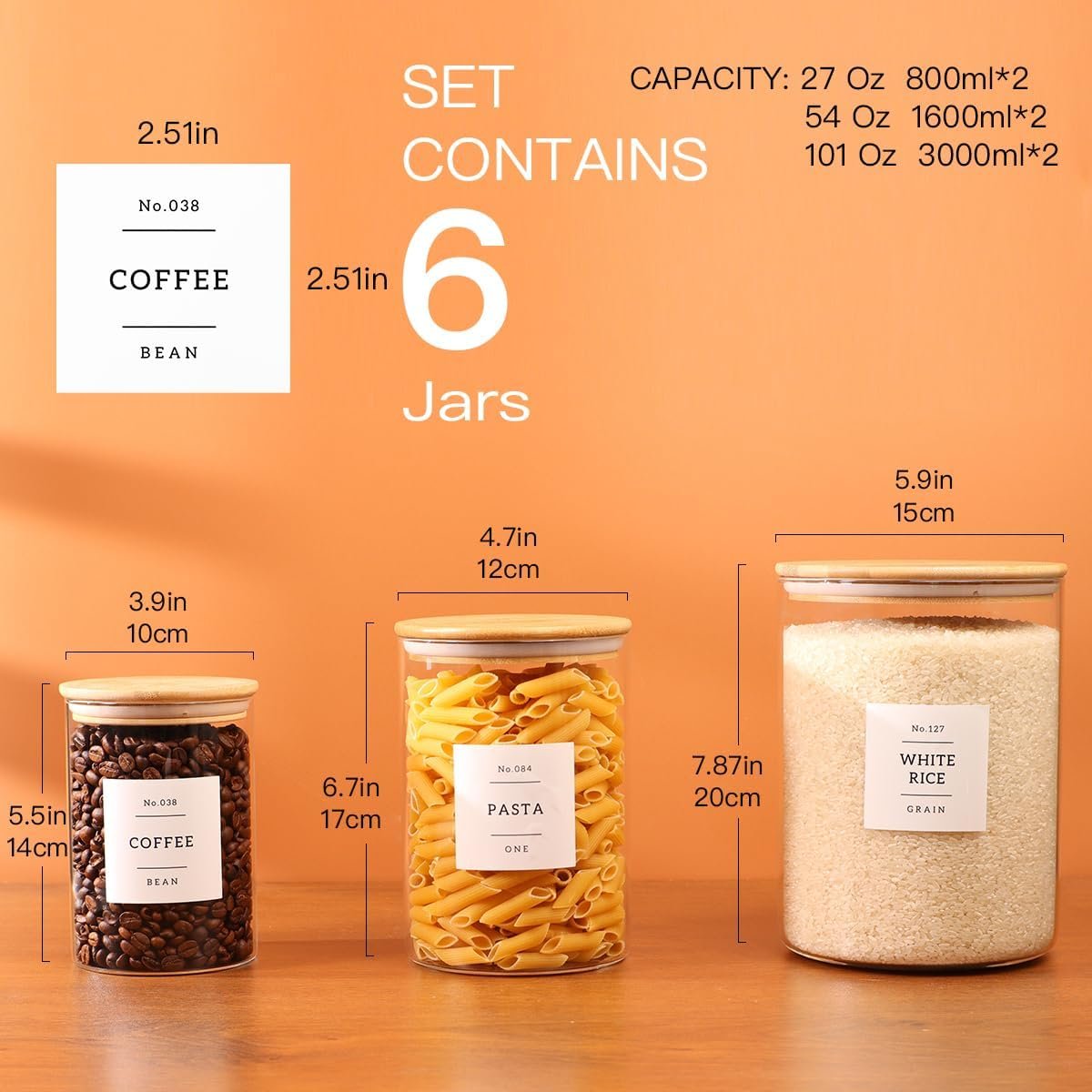 6-Pack Borosilicate Glass Storage Jars with Bamboo Lids + 132 Pre-Printed Pantry Labels Included, BPA-Free Thicken Airtight Containers for Flour, Sugar, Rice, Microwave & Freezer Safe(100OZ/54OZ/27OZ) - Image 4