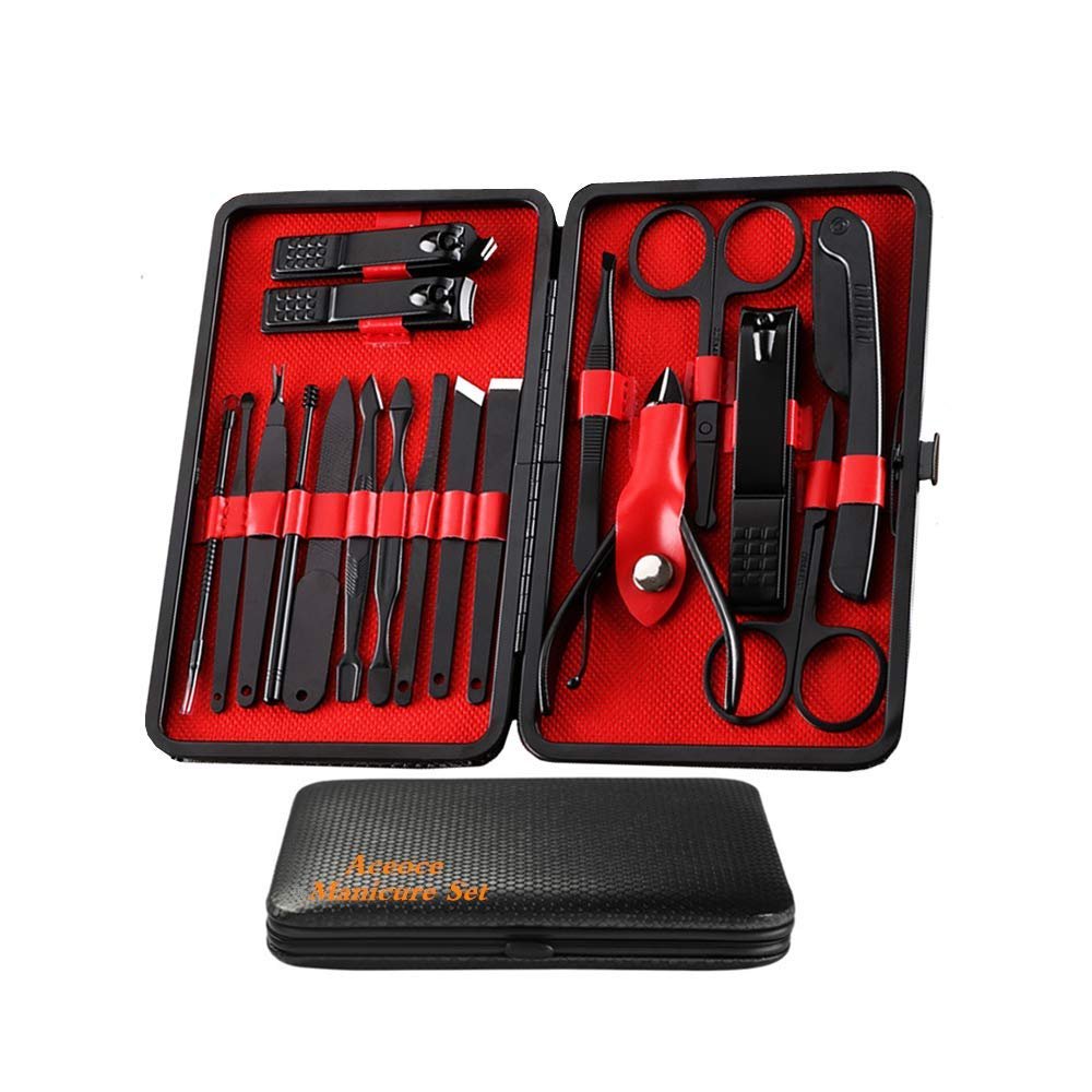 Manicure Set Men, Manicure Set Professional 18 Pcs Mens Grooming Kits Aceoce Stainless Steel Nail Care Tools with Luxurious Travel Case Pedicure Kit Gifts - Image 2
