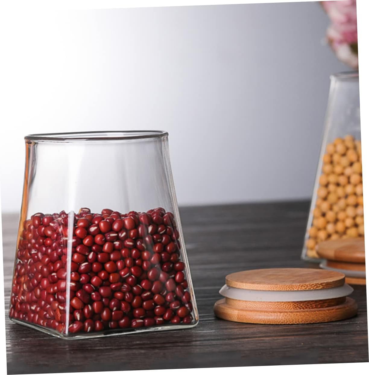 Unomor Geometric Grains Storage Tank Airtight Glass Food Storage Jar Sealed Container with Wooden Cover for Kitchen Pantry Organization Keeps Dry Foods Fresh - Image 2