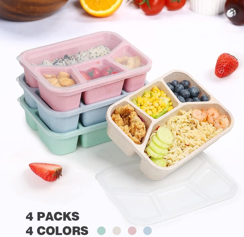 4 Pack Bento Lunch Box, 4 Compartment Meal Prep Containers, Lunch Box for Kids, BPA Free Plastic Reusable Food Storage Containers - Stackable, Suitable for Schools, Companies,Work and Travel - Image 6