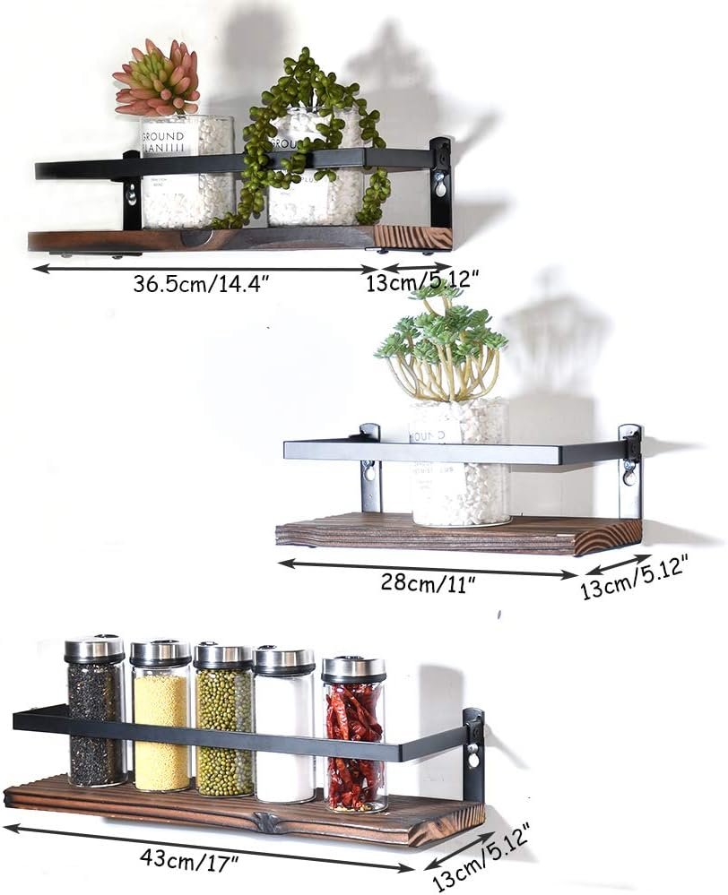 Floating Shelves Rustic Wood Wall Mounted Shelf Practical Metal Fence Design Ideal for Bedroom, Bathroom, Kitchen Set of 3(Brown) - Image 4