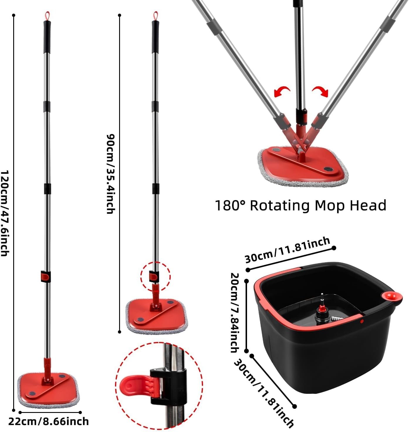 KZKR Spin Square Mop and Bucket Set with 2 Replaceable Microfiber Pads and Self Separation Dirty and Clean Water System, Self Wringing 360° Rotating Mops Head for Home Floors Cleaning - Image 3