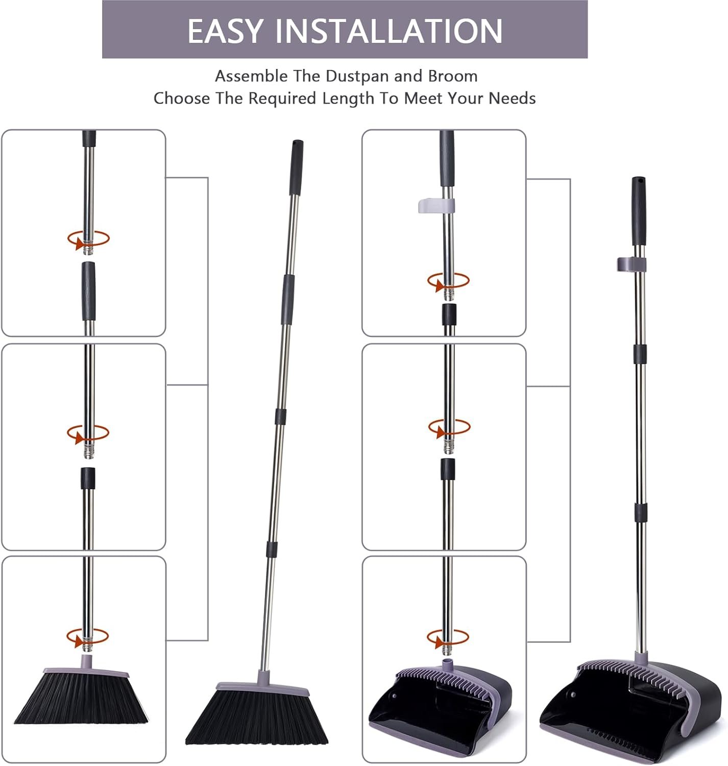 Broom and Dustpan Set, Dustpans with Broom Combo for Home, Heavy Dust Broom and Dustpan Combo, Long Handle Dust Pan and Broom Set for Kitchen, Office, Pet Hair, Charcoal Color, Pack of 1 - Image 7