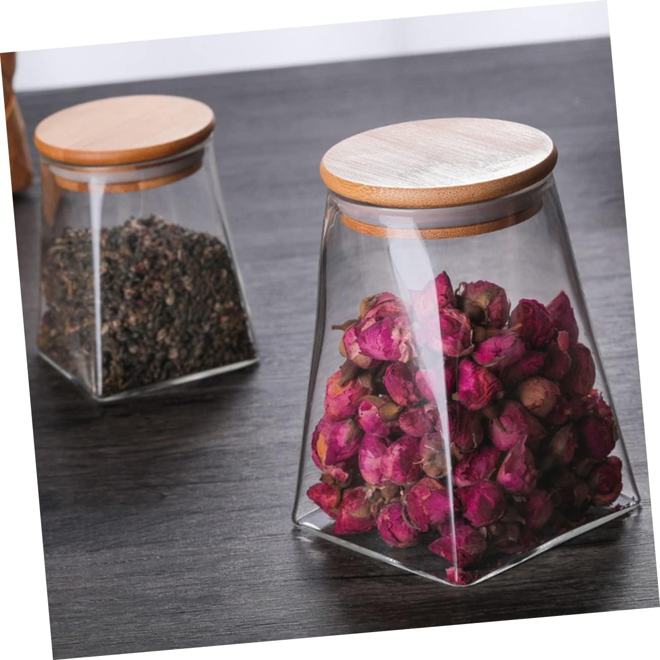 Unomor Geometric Grains Storage Tank Airtight Glass Food Storage Jar Sealed Container with Wooden Cover for Kitchen Pantry Organization Keeps Dry Foods Fresh - Image 3