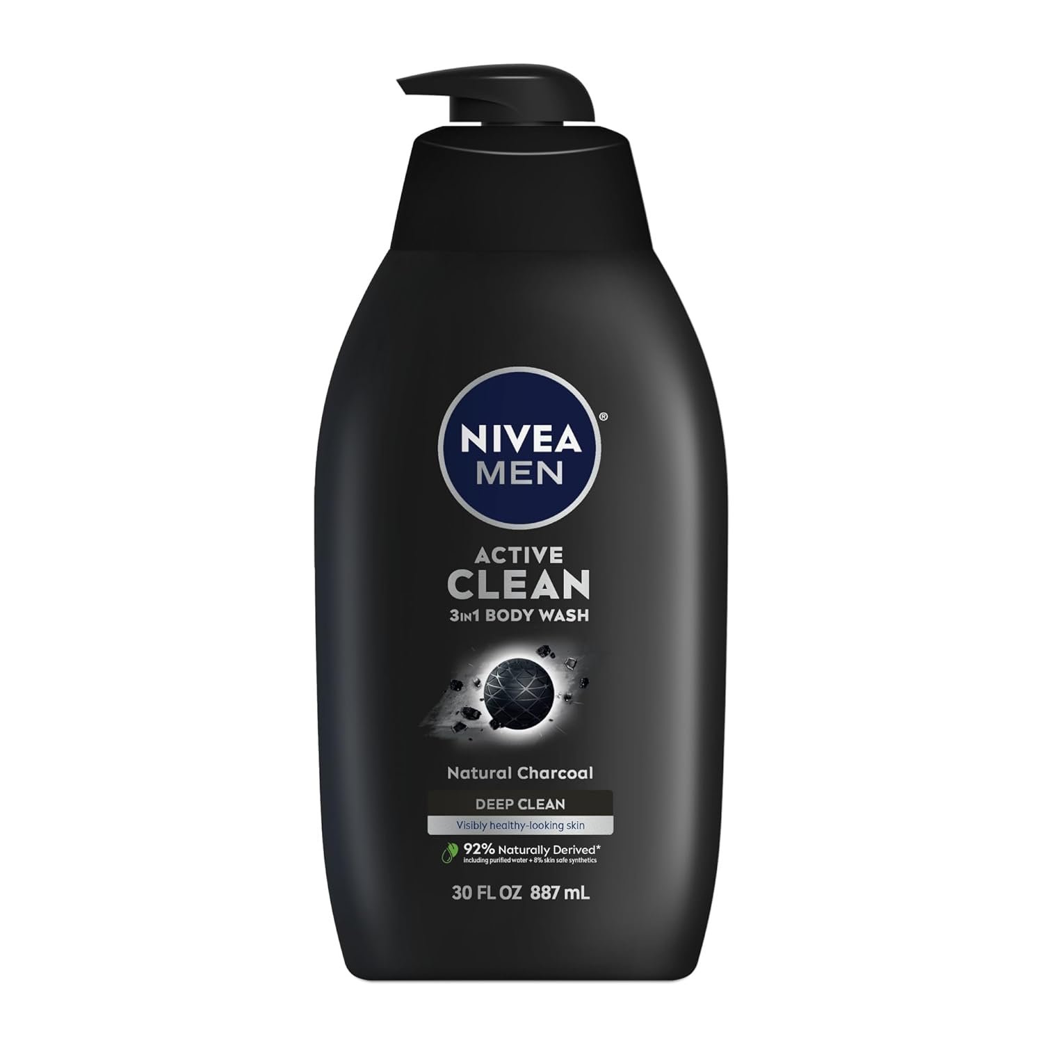 NIVEA Men Active Clean Body Wash with Natural Charcoal for Normal to Oily Skin, 3-in-1 Charcoal Body Wash, Face and Hair, Draws Out Dirt and Impurities, 30 Fl Oz Bottle - Image 2