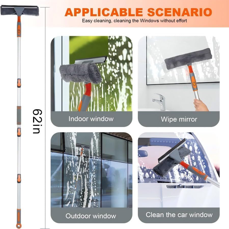 Professional Window Squeegee Cleaner, 2 in 1 Shower Squeegee with Extension Pole, 62‘’ Telescopic Window Washing Equipment with Bendable Head, Glass Cleaning Tools for Indoor/Outdoor High Window - Image 5