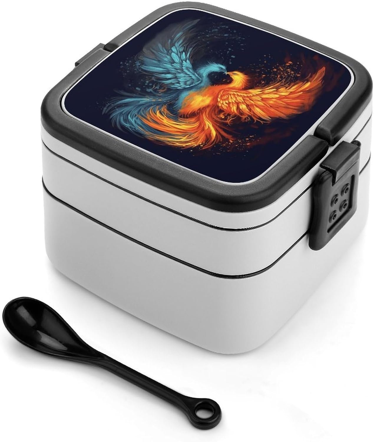 Fire And Water Phoenix Bento Box with Spoon, 2-layer Stackable Lunch Box Leak Proof with Invisible Handle, Insulated Food Storage for Office, Picnic & Travel - Image 2