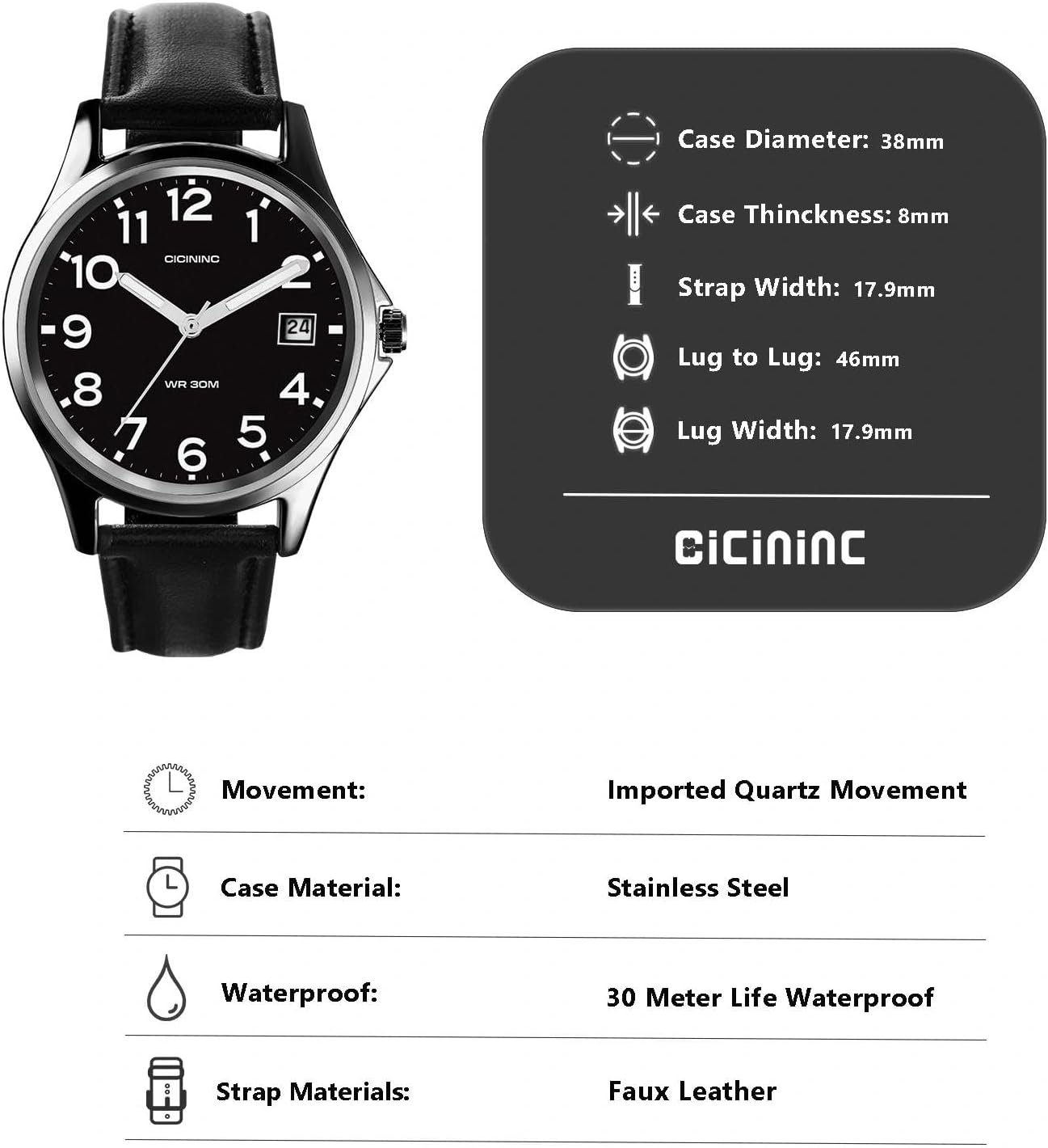 Analog Wrist Watch for Men Women-38mm Rugged Slim Watches, Men's Everyday Leather Band Classic Wristwatch - Image 7