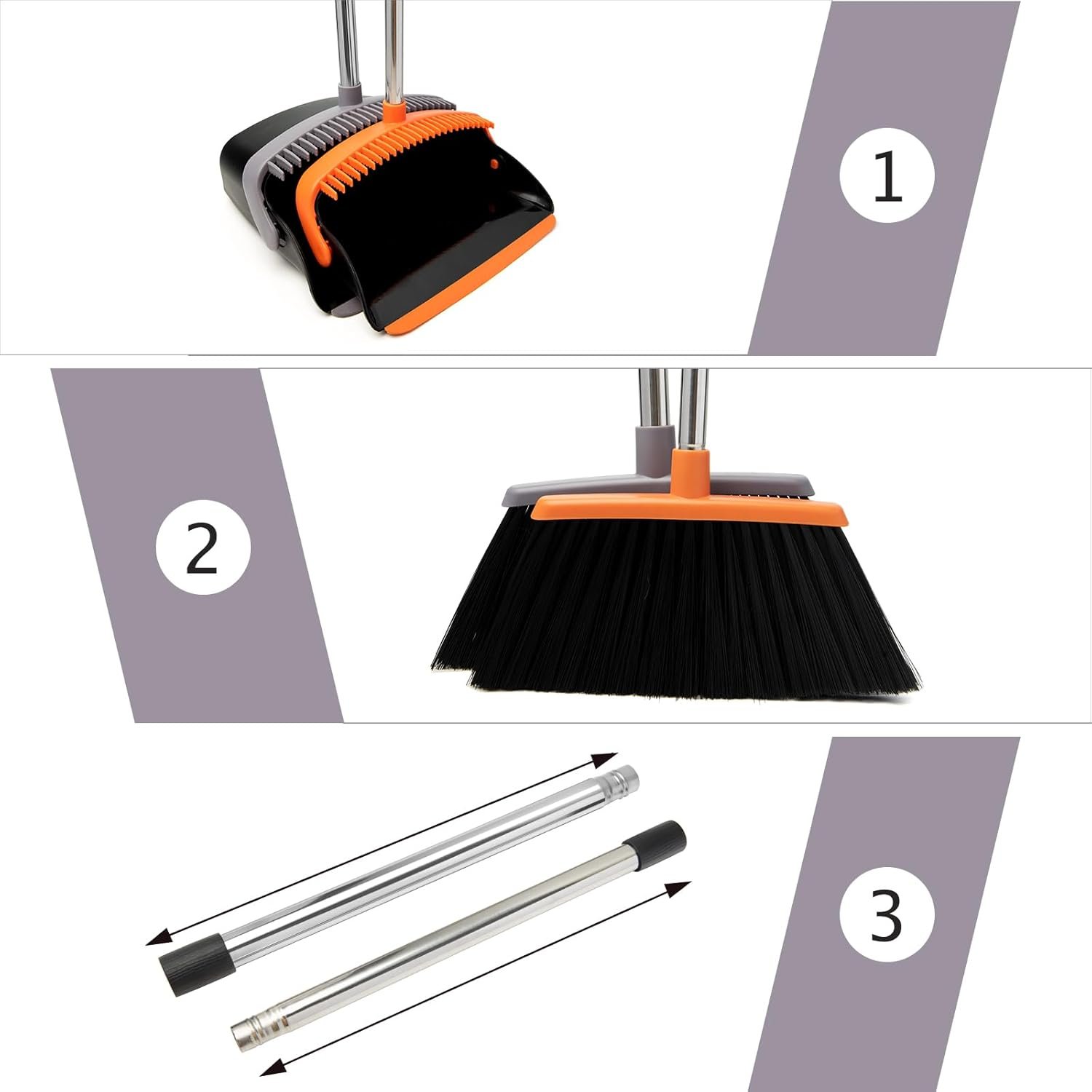 Broom and Dustpan Set, Dustpans with Broom Combo for Home, Heavy Dust Broom and Dustpan Combo, Long Handle Dust Pan and Broom Set for Kitchen, Office, Pet Hair, Charcoal Color, Pack of 1 - Image 4