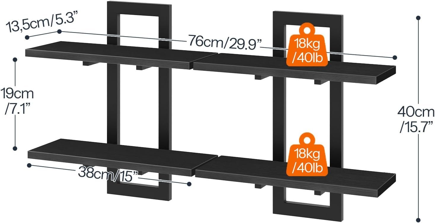 HOOBRO Floating Shelves, 15 Inch Wall Shelf Set of 2, Wall Mounted Storage Shelves 2-Tier, Hanging Bathroom Shelves, for Living Room, Bedroom, Bathroom, Kitchen, Black BK32BJ01 - Image 4