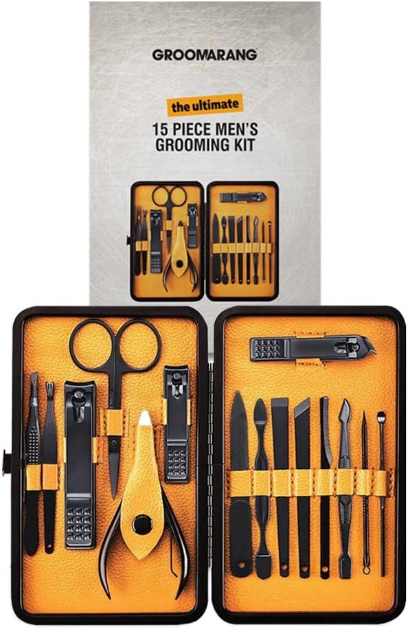 Stainless Steel Mens Manicure & Pedicure Kit (15 Pieces) - Professional Male Nail Care Grooming Set with Nail Care, Toenail Clippers, Scissor, Cuticle Trimmer & Luxurious Travel Case - Image 2
