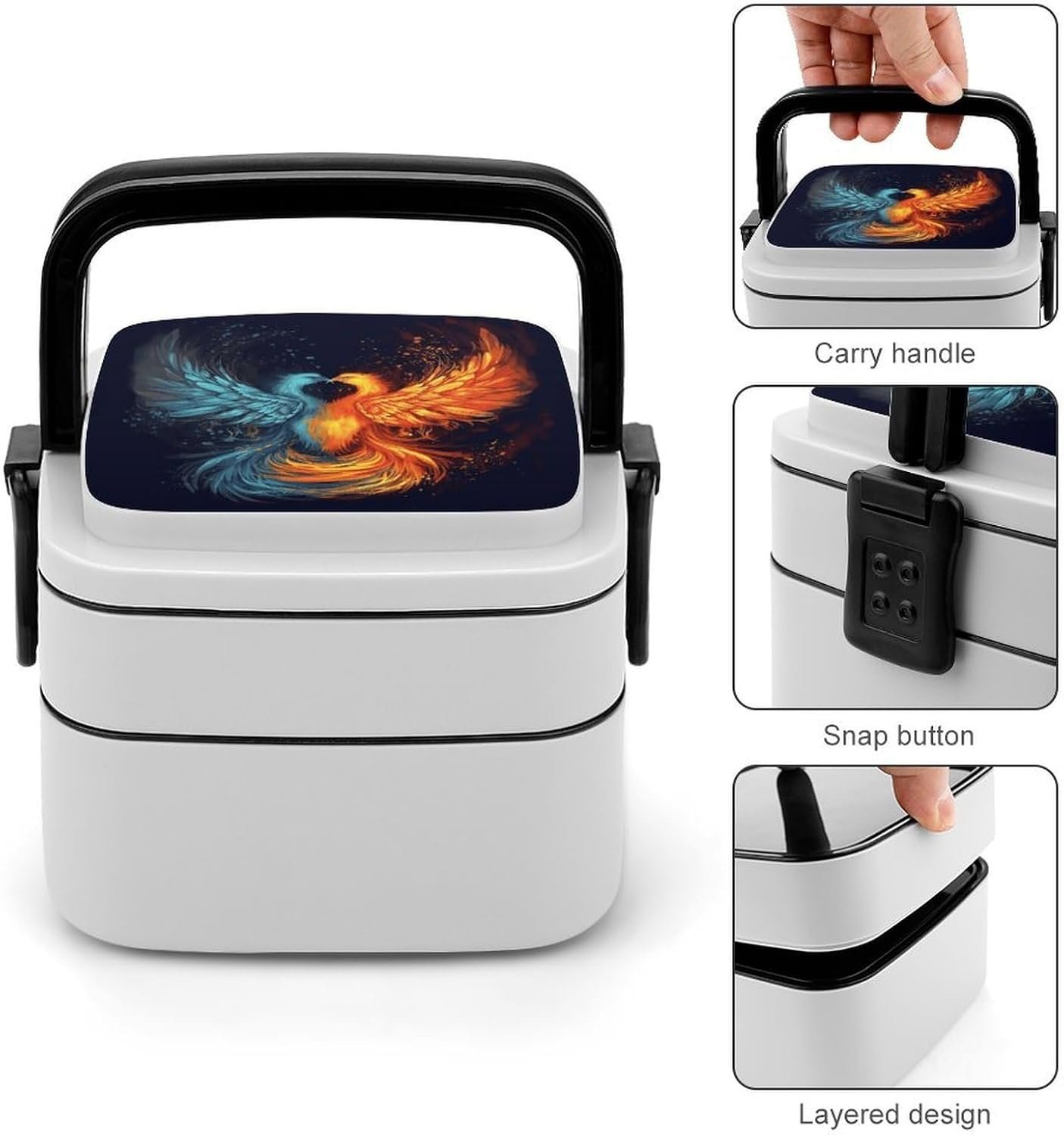 Fire And Water Phoenix Bento Box with Spoon, 2-layer Stackable Lunch Box Leak Proof with Invisible Handle, Insulated Food Storage for Office, Picnic & Travel - Image 6