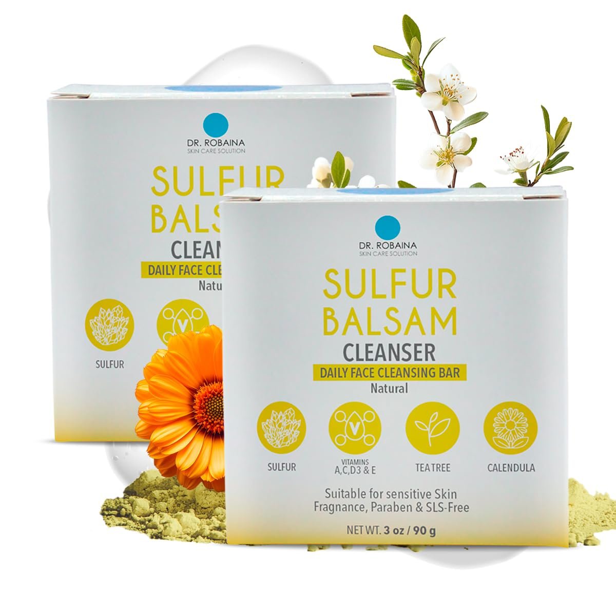 Dr. Robaina Sulfur Balsam Cleansing Bar – Face & Body Soap for Oily, Acne-Prone or Itchy Skin – Gently Exfoliates, Calms Redness & Removes Excess Oil – Tea Tree, Calendula & Shea, 4 oz - Image 2