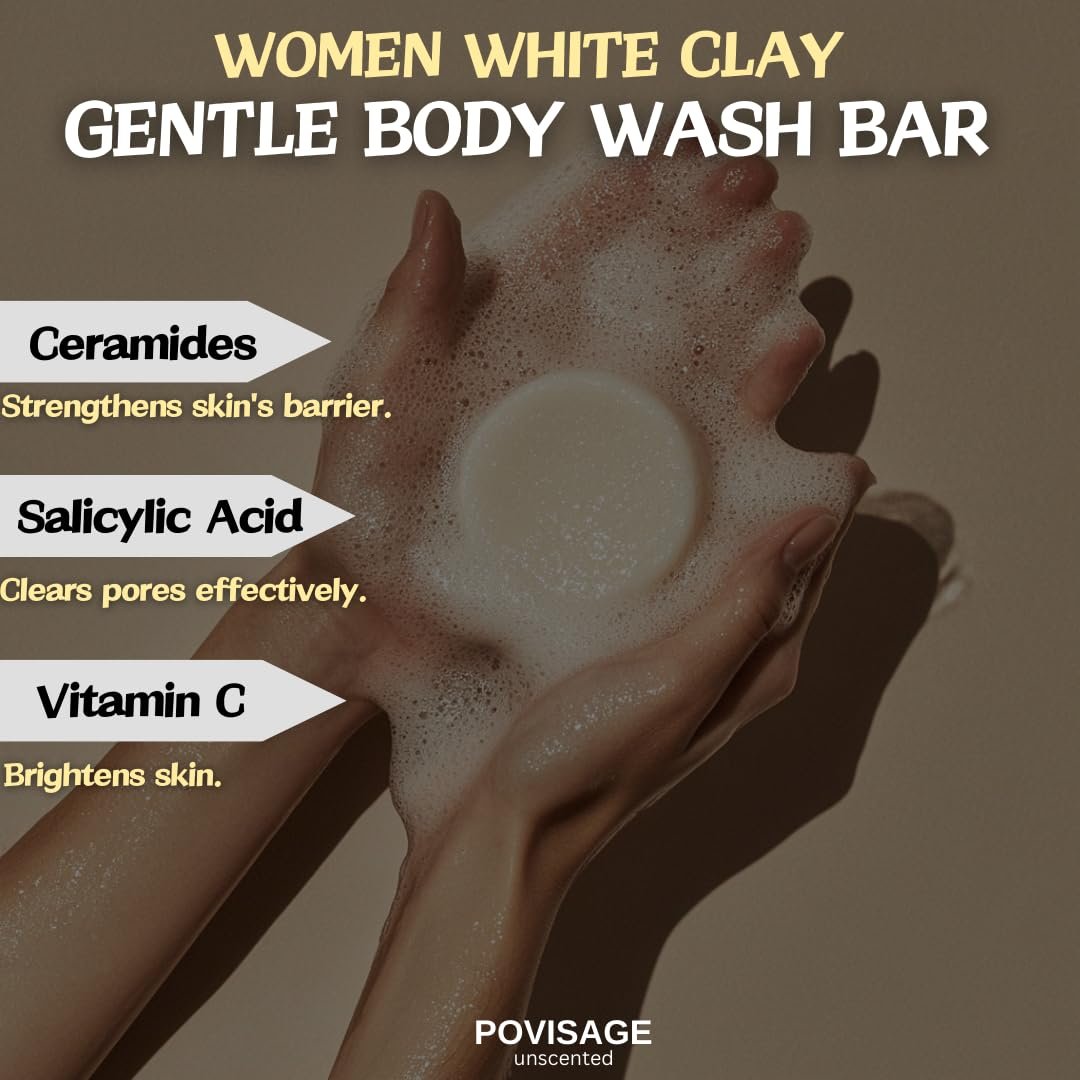Unscented Body Bar Soap for Women with Oily Skin – White Clay, Salicylic Acid, Ceramides & Vitamin C for Gentle Cleansing – 2 Bars - Image 3